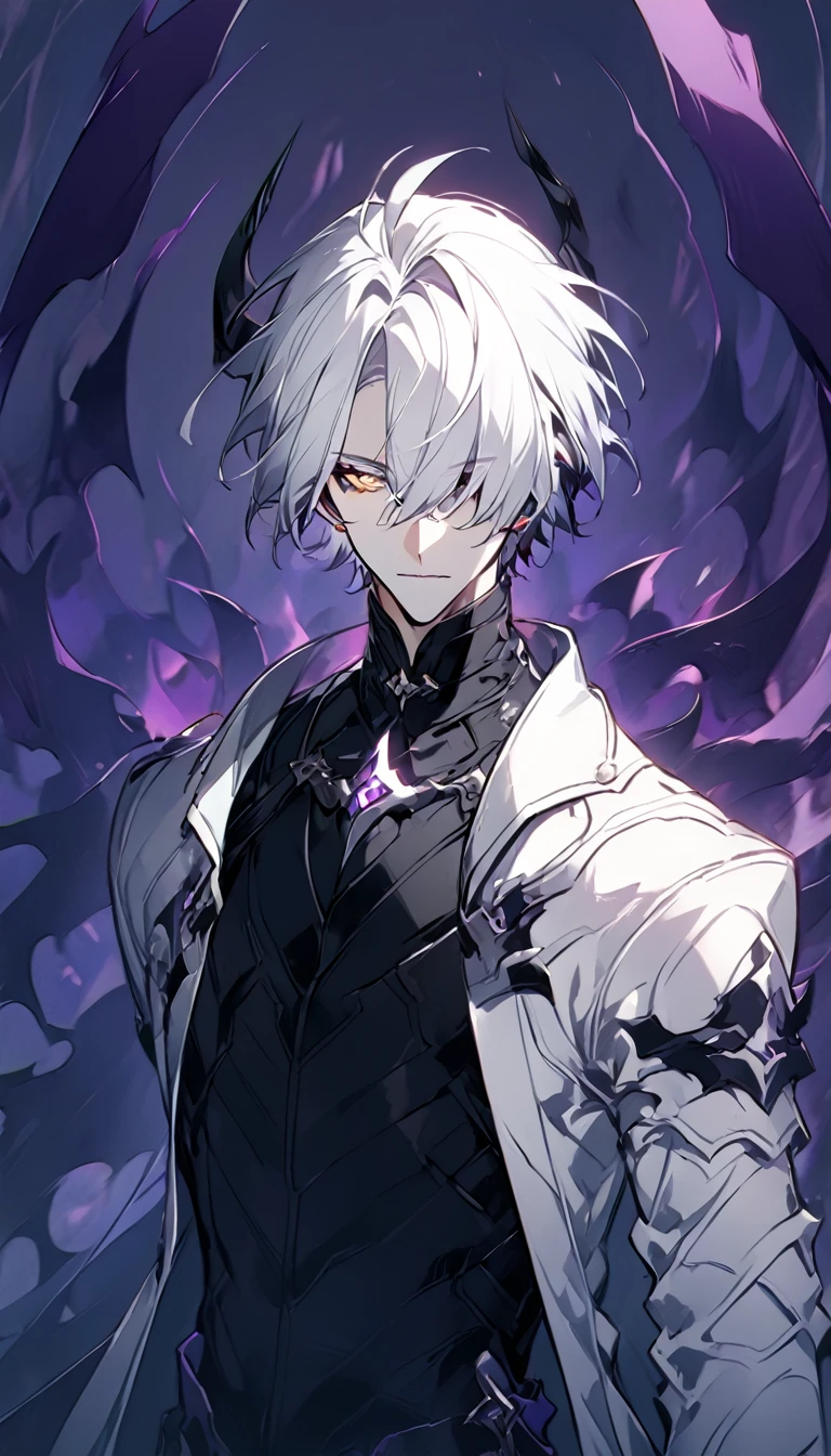 solo, handsome, 1 male, short hair, white hair, Yollow eyes, black shirt, white coat, purple nature background, around some demons, wallpaper,