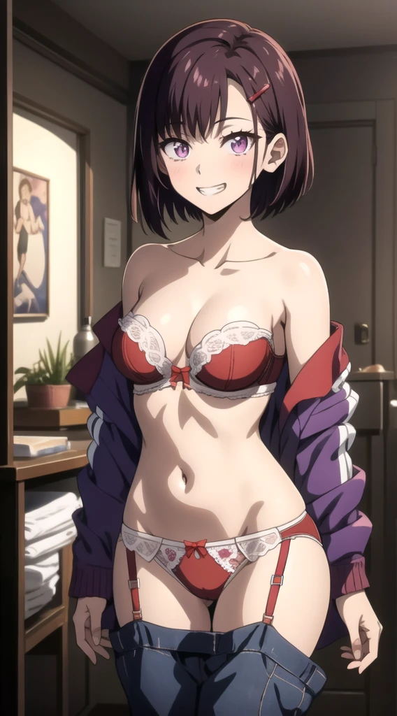 (masterpiece, Best Quality), Intricate details, Shizukazomu, One girl, Dark purple hair, short hair, bangs, Purple eyes, Hair Accessories, Hair Clip, Medium Breast, Edge Quality, Conceit, Grin, edg coquine, wearing edg coquine, (Red Lingerie,Strapless,panties,Off the shoulder), Cowboy Shot, View your viewers, 