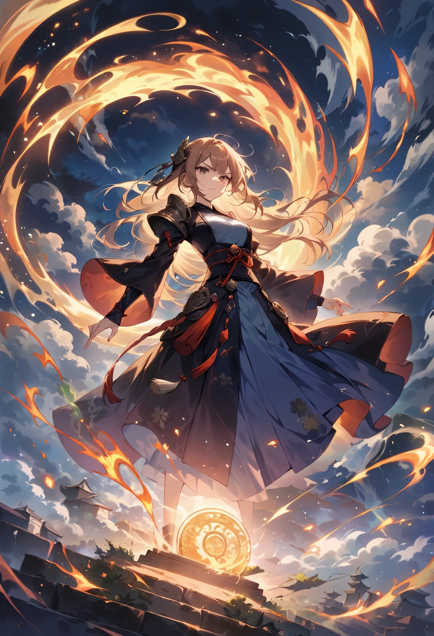 1girl,full body,floating mid air,midground,cinematic, floating, ethereal strom, glowing aura, japanese motif, serious expression, coiled dragon, flowing robes, decorated armor, ancient japanese element, swirling clouds ,synced,intricate character design, cosmos,magical cirle,magic circle,mystical,(masterpiece:1.3), (best quality:1.2), (newest), (abrsurdres:1.4),(SuperQuality:1.0) ~ (SuperQuality:1.2