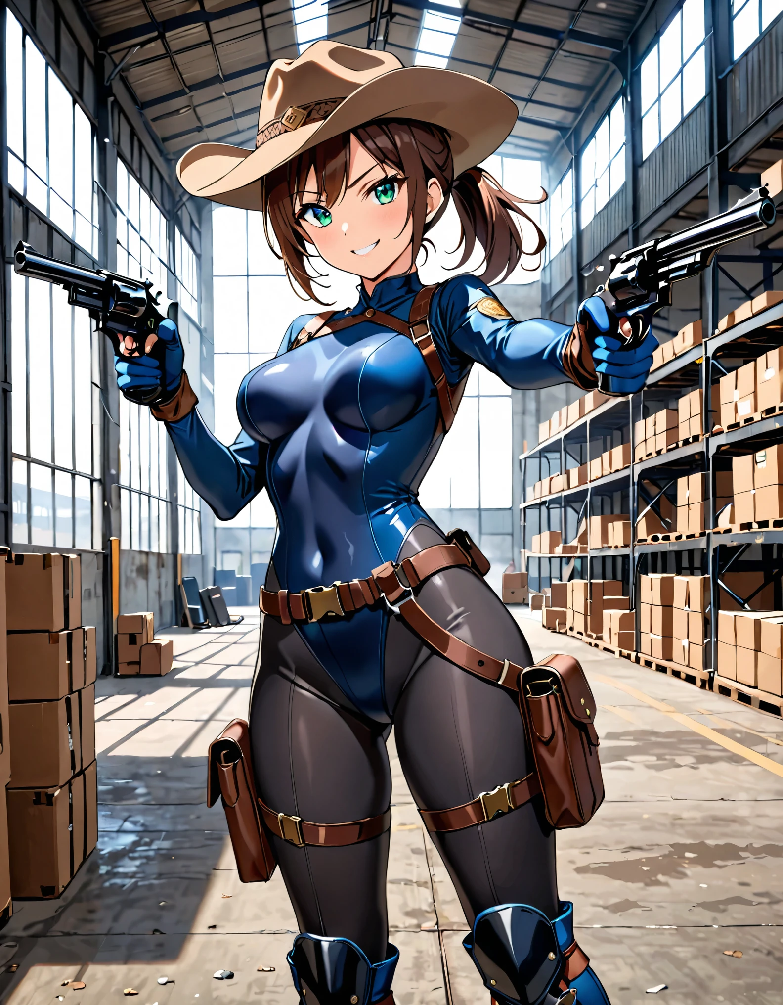 masterpiece, best quality, 8k, 1lady, solo, solo focus, (tall body), hispanic, brown hair, short hair, ponytail, blue-green eyes, medium breasts, beautiful detailed eyes, beautiful detailed face, smirk, ((brown cowboy hat)), (bodysuit, (solid blue bodysuit, leotard, dark blue leotard, skin-tight dark grey leggings), perfect fit), long sleeves, (gloves, dark blue gloves, matching gloves, boots, combat boots, dark blue boots, matching boots), (tight belt:1.1, pouches, drop-down pistol holster, knee pads), ((pointing pistol at the viewer, revolver)), full body, cowboy shot, empty warehouse, danger atmosphere.