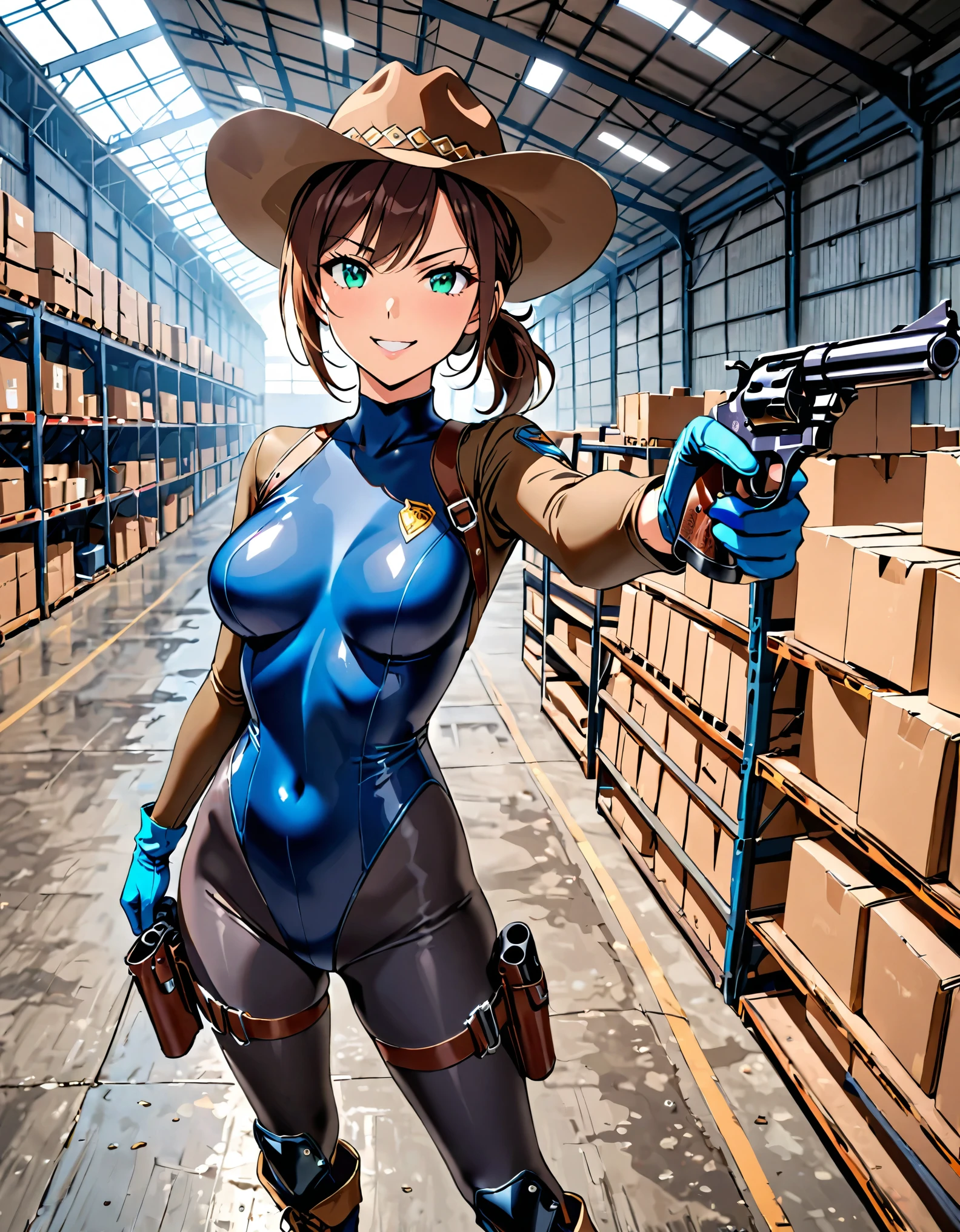 masterpiece, best quality, 8k, 1lady, solo, solo focus, (tall body), hispanic, brown hair, short hair, ponytail, blue-green eyes, medium breasts, beautiful detailed eyes, beautiful detailed face, smirk, ((brown cowboy hat)), (bodysuit, (solid blue bodysuit, leotard, dark blue leotard, skin-tight dark grey leggings), perfect fit), long sleeves, (gloves, dark blue gloves, matching gloves, boots, combat boots, dark blue boots, matching boots), (tight belt:1.1, pouches, drop-down pistol holster, knee pads), ((pointing pistol at the viewer, revolver)), full body, cowboy shot, empty warehouse, danger atmosphere.