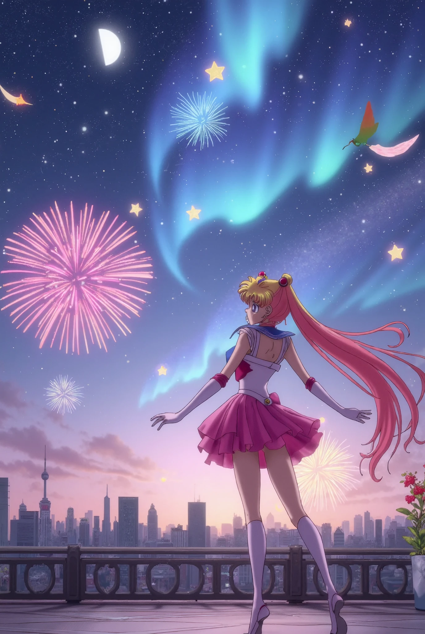 (masterpiece, Best quality:1.2),Sailor Moon，1 girl fireworks in the sky aurora back bow backless dress backless dress ballerina ballet shoes bangs bare shoulders bird blue butterfly blue hair bow insect butterfly butterfly hair accessories necklace city city lights city landscape constellation denim shot crescent moon dark background dress earth \(planet\)
feathers
fireworks
flower
flying
frills
full moon
galaxy
gloves
glowing butterfly
hair flower
hair ornament
leotard
light particles
long hair
milky way
moon
night
night Sky
outstretched arms
pantyhose
pink bow
pink choker
pink dress
pink flower
pink gloves
pink hair
pink leotard
pink skirt
planet
profile
puffy short sleeves
puffy sleeves
purple eyes
purple hair
red flower
red rose
rose
shooting Star
short sleeves
sidelocks
Sky
Skyscraper
snowing
solo
space
space craft
standing
Star \(Sky\)
Star \(symbol\)
Starry background
Starry Sky
Starry Sky print
tanabata
thighband pantyhose
tutu
underwear
white butterfly
white legwear
yellow butterfly
