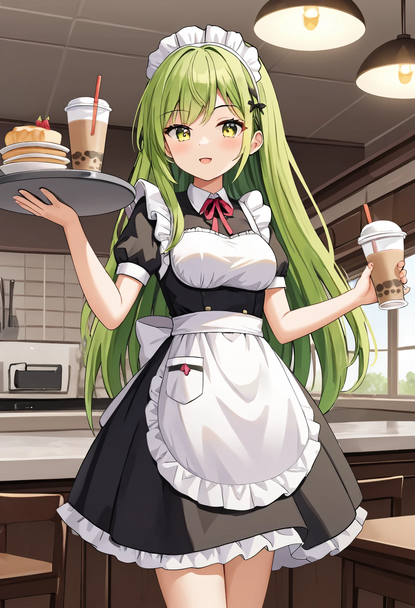 UHD, ((masterpiece)), (super detail:1.2), high quality, best quality, highres, 8k, Yellow-green hair, maid, maid outfit, maid apron, girl, teenager, Carrying a cup of tea on a tray, try as hard as one can,