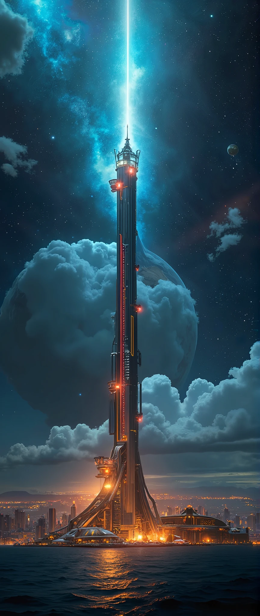 a stunning, science fiction-themed 8K image viewed from outer space, showing a colossal lighthouse-like structure that stretches from Earth’s surface far into the depths of space, resembling a futuristic space elevator. Inspired by the grand, cosmic visions of artists like John Harris, the image captures the awe-inspiring scale of the structure as it pierces through Earth's atmosphere and into the stars. From this outer space perspective, the curvature of Earth is visible below, with glowing cities and oceans, while the towering lighthouse structure rises from a small coastal point, reaching into the vastness of space.

The lighthouse itself is made of sleek, advanced materials with glowing circuits and neon energy lines running along its metallic surface. The beacon at the top emits a powerful beam of light that shines across the cosmos, casting a cool, electric blue hue that illuminates nearby asteroids and space debris. The structure is dotted with futuristic platforms and spacecraft, highlighting the advanced technology of this massive engineering marvel.

The angle captures the upper atmosphere fading into space, with Earth’s vibrant blue and green colors contrasting with the dark, star-filled expanse beyond. The view emphasizes the enormous height of the tower, with the bottom barely visible on Earth’s surface, and the top extending into the cosmic void. Nebulae and distant stars shimmer in the background, further enhancing the sense of scale and grandeur.

Use digital painting techniques to create highly detailed textures of both the structure and the cosmic elements, with special attention to lighting effects. The glowing beam, the soft atmospheric layers of Earth, and the distant stars should all contribute to a mesmerizing, otherworldly scene that embodies the intersection of human ambition and the infinite possibilities of space.