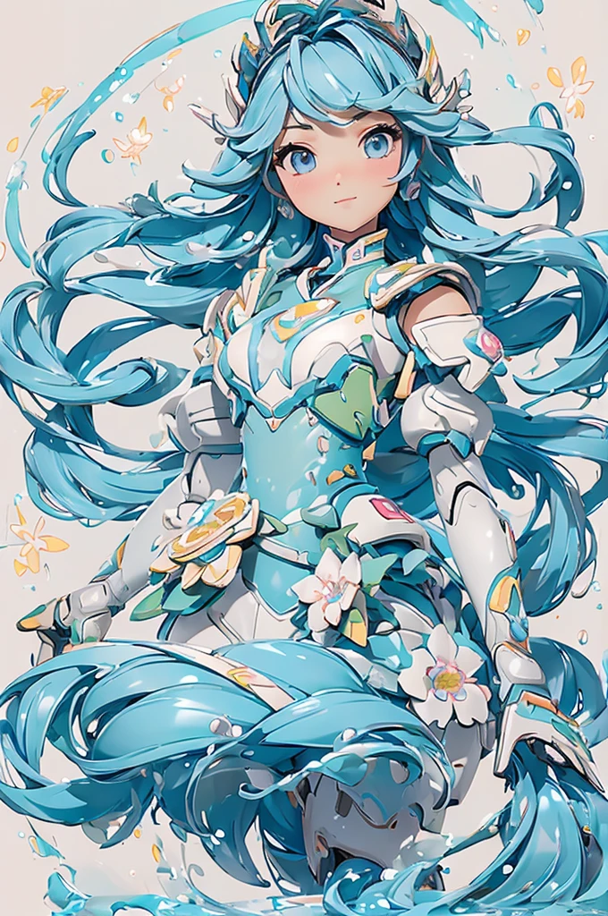 (masterpiece、Best Quality、super high quality、Beautiful and beautiful:1.2)、Super cute girl 3DMM robot、Flowery hair、Poly Sleeveless Armor、Pop pastel colors、Warm atmosphere、Surrounded by water、run、Side light、8k、wallpaper