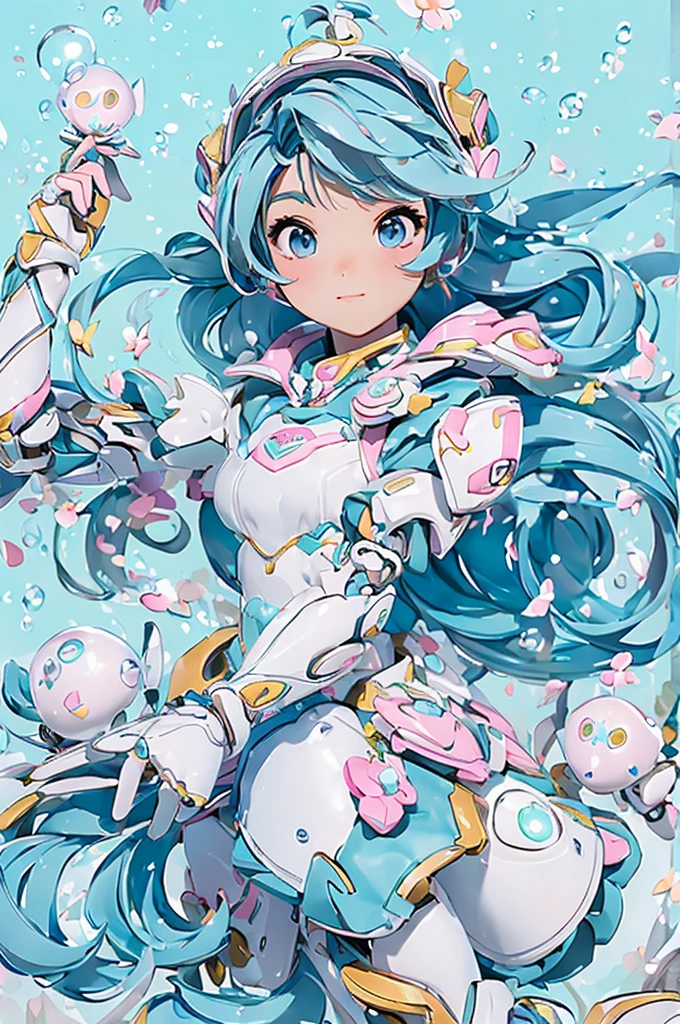 (masterpiece、Best Quality、super high quality、Beautiful and beautiful:1.2)、Super cute girl 3DMM robot、Flowery hair、Poly Sleeveless Armor、Pop pastel colors、Warm atmosphere、Surrounded by soap bubbles、run、Side light、8k、wallpaper