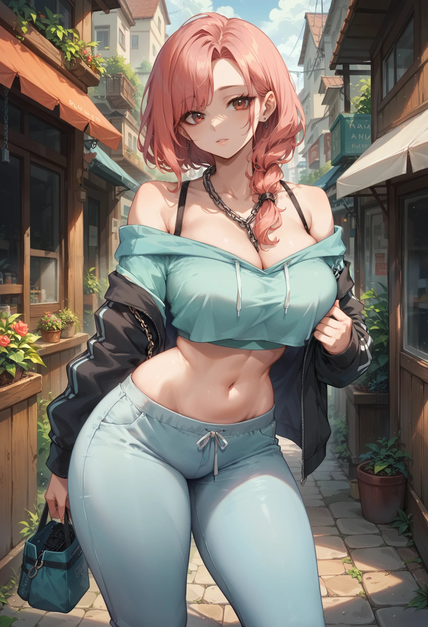 pretty body, pretty face, 1 girl, older girl, light RED hair, eyes, chain around neck, shoulders, SWEATSHIRT, LEGGING PANTS, big chest, belly, thin waist, thick legs, thick thighs, background scenery random looking at viewer