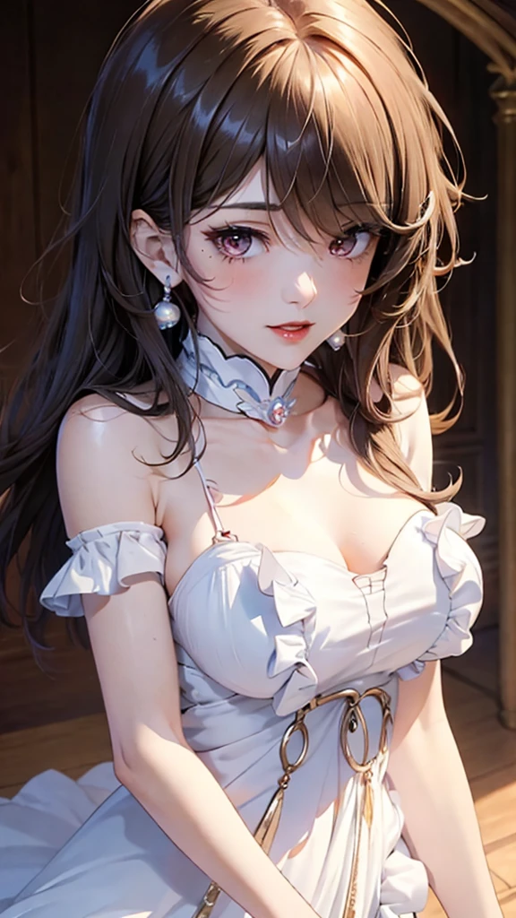 A masterpiece of the highest order, ultra high precision, ultra high image quality, 8K quality, realistic anime style, a woman, a perfect woman with the best anatomical and ergonomic face and body, a well-proportioned face and body, Short Light Brown hair, blunt bangs, a slim face, ((narrow red eyes)), deep glossy and shining eyes, eyes with highlights, very long eyelashes, thin red lips, a tall and slender body, very large breasts, a tight waist, large hips, white skin, moist and lustrous skin, ((Gorgeous Shiny white pearl colored ruffle dress)), ((royal style dress)), a large pearl necklace, large earrings, thick bangs, a beautiful smile, a mysterious atmosphere, a great presence, upper body
