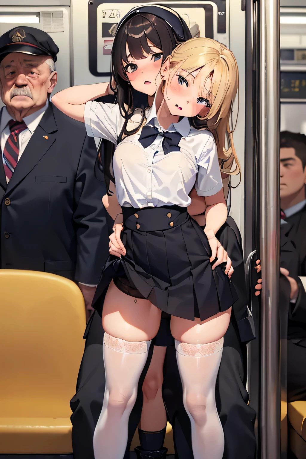 (SFW), ((photorealistic)), (masterpiece), (best quality:1.3), absurdness, [:intricate details1.3], SFW, realistic, masterpiece, (((VERY crowded subway train interior detailed scenario, VERY crowded subway train interior detailed background))), standing insanely hot (young 1) using sexy ((skirt)), ((behind skirt lifted)), ((3/4 white stockings)), ((big ass)), ((thick thighs)), ((fear expression)), (blushed face), (perfect body proportions)), old small man ass groping young small girlom behind, (((old small man pressing his chest on young woman 1 back))) and (((holding her waist behind her)))