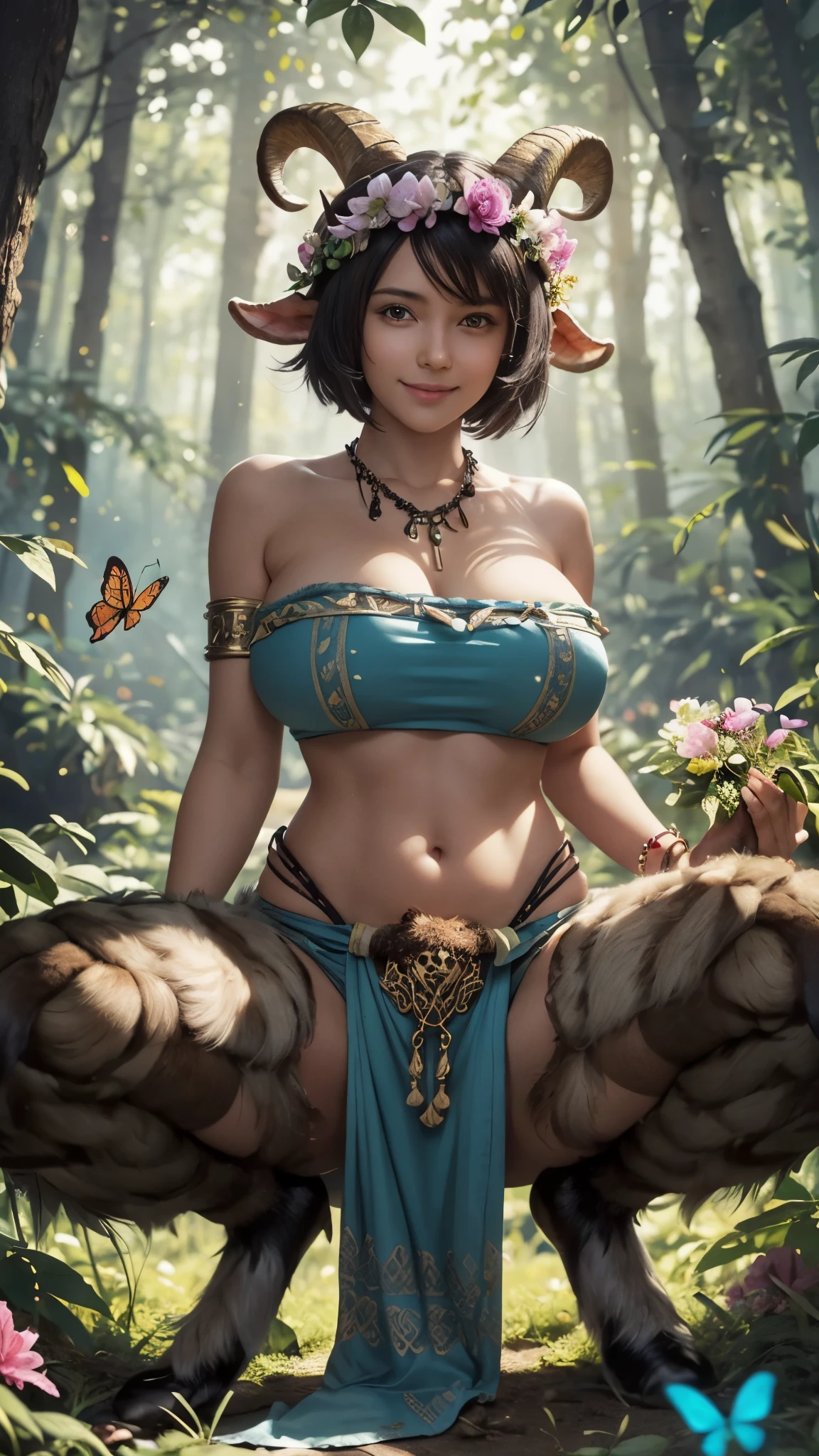 girl, satyr, forest, (fur pants, furry legs, goat legs:1.4), standing, (spread legs:1.2), tube top, huge breasts, short hair, goat horns, looking at viewer, smile, tribal feathers necklace, bracelet, armlet, navel, loin cloth, lush forest, dappled sunlight, masterpiece, best quality, beautiful, sexy, flower crown, sharp focus, low light, beautiful flowers, colorful, small butterflies around,