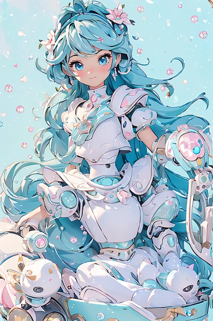 (masterpiece、Best Quality、super high quality、Beautiful and beautiful:1.2)、Super cute girl 3DMM robot、Flowery hair、Poly Sleeveless Armor、Pop pastel colors、Warm atmosphere、Surrounded by soap bubbles、Relax in the bath、Side light、8k、wallpaper