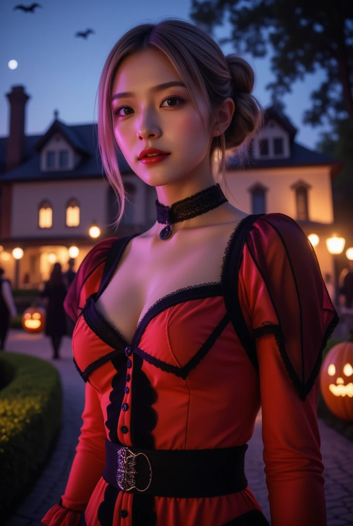 1girl, Alone、gal 、seductive smile、halloween costume
、medium breasts、double bun、Blonde、brown eye、glossy lips, light makeup, blush,(masterpiece, best quality:1.2), top quality, high resolution, unity 、4ｋ、8k、A classic Halloween party scene, under a dark night sky, with glowing pumpkin lanterns and a gothic-decorated old mansion. People in costumes gather, including witches, vampires, and ghosts, enjoying a dance. Moonlight illuminates the garden, with bats flying among the trees. Warm orange and deep purple lighting envelops the entire scene, creating a mystical and slightly eerie atmosphere. 