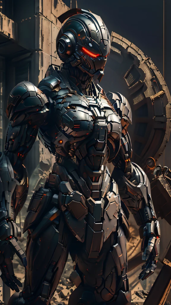 , automaton, military, heavy armor, , light armor, helmet, soldier, communist, solo, simple , , two eyes, circular eyes, tubing, dark, sword, , , black armor, tubing, helmet tubing, chest tubing, no breasts, flat chest, , ((Background interior of a building in ruins alien bodies lying in the rubble of the building))
