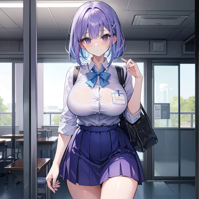 Very detailed CG Unity 8K wallpaper),(masterpiece), (Highest quality), (Very detailed), (Best illustrations),(Best Shadow), Dynamism,Functional,Voluptuous,,Purple eyes and purple hair in a bun,Large Breasts, (Very delicate and beautiful face), (Very detailed beautiful little eyes), very cute、beauty、(nurse、nurse), (Embarrassing:1.1)、I'm Embarrassing and depressed、(Let's take off your panties.:1.5), Pussy juice