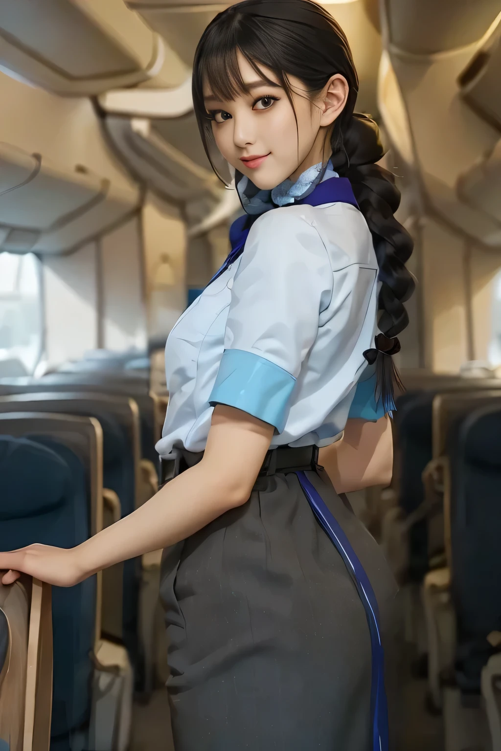 (masterpiece:1.2, Best Quality:1.2), 32K HDR, High resolution, (Alone、1 girl)、（On the roof of a building during the day、Professional Lighting）、Building rooftop background、（ANA cabincrew uniform blueを着たリアルスタイル）、（（ANA cabincrew uniform blue short sleeve blouse 、 ANA cabincrew uniform blue skirt with blue line on the back、Scarf around the neck））、Dark brown hair、（Super Long Hair、Braids）、Dark brown hair、Long Shot、Big Breasts、Thin legs、Blue Eyes、（（Great hands：2.0）），（（Harmonious body proportions：1.5）），（（Normal limbs：2.0）），（（Normal finger：2.0）），（（Delicate eyes：2.0）），（（Normal eyes：2.0））)、smile、（ANA cabincrew uniform blueを見せた美しい後ろ姿）、Hands down
