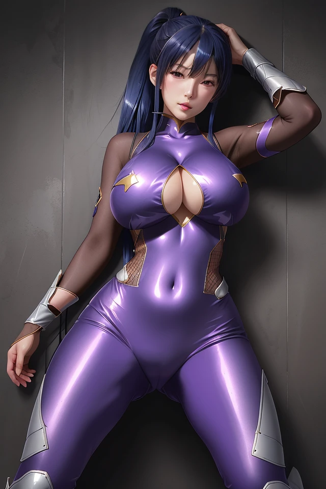 (((underboob))), akiyama rinko, high heel boots, bodysuit, purple bodysuit, shiny clothes, fishnet, large breasts, covered nipples, cleavage, cleavage cutout, covered navel,long hair, bangs, ponytail, blue hair, 1girl, full body, masterpiece, best quality, Amazing, beautiful detailed eyes, finely detailed,blush,