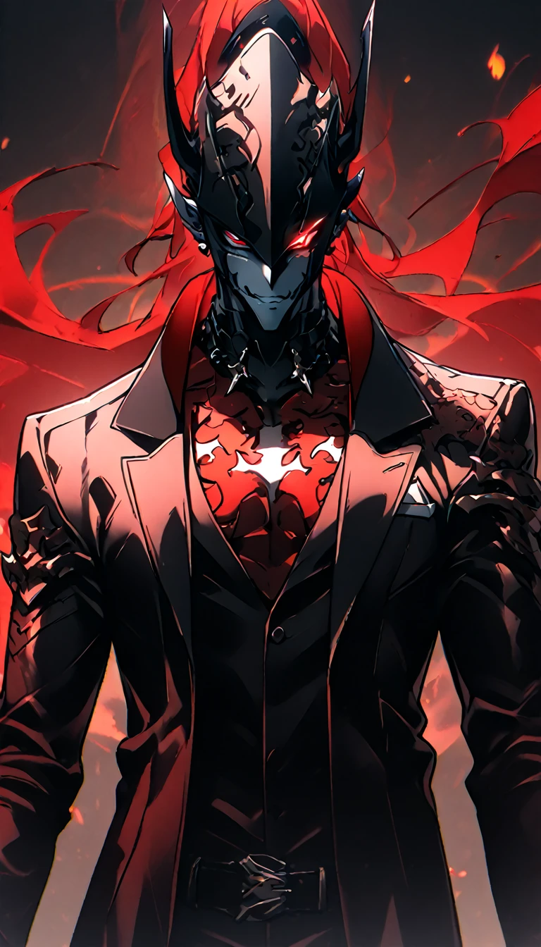 1 boy, handsome male, black hair, dragon tattoo on chest, white skin, cool looking, devil smile, black suit, red eyes glowing, holding dagger, mafia male,