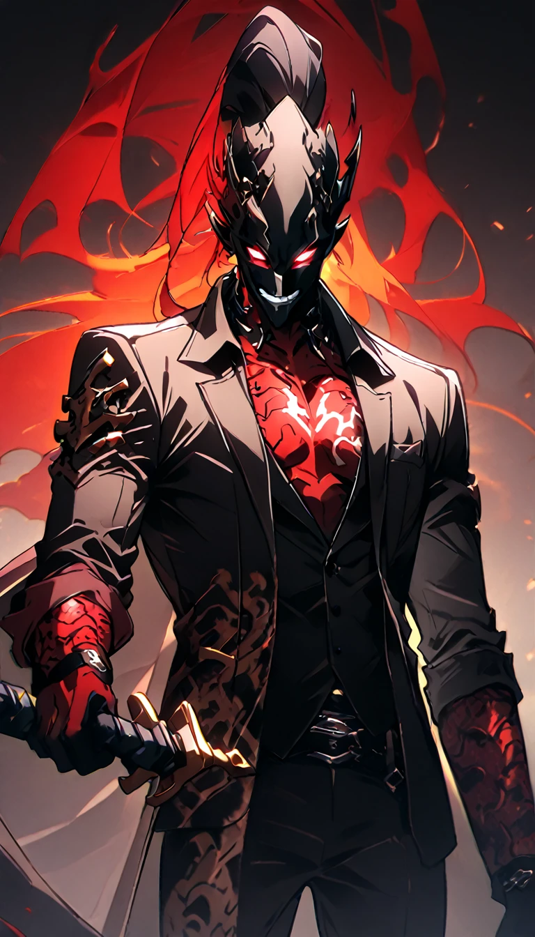 1 boy, handsome male, black hair, dragon tattoo on chest, white skin, cool looking, devil smile, black suit, red eyes glowing, holding dagger, mafia male,