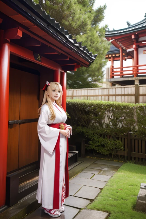 nine tailed fox、Demon Fox、Tamamo-mae、blonde、blondeロング、long hair、Princess Cut、princess cut、Miko costume、shrine maiden costume、big breasts、big breasts、One person with outstanding style、1 person only、butt、SEX、back view