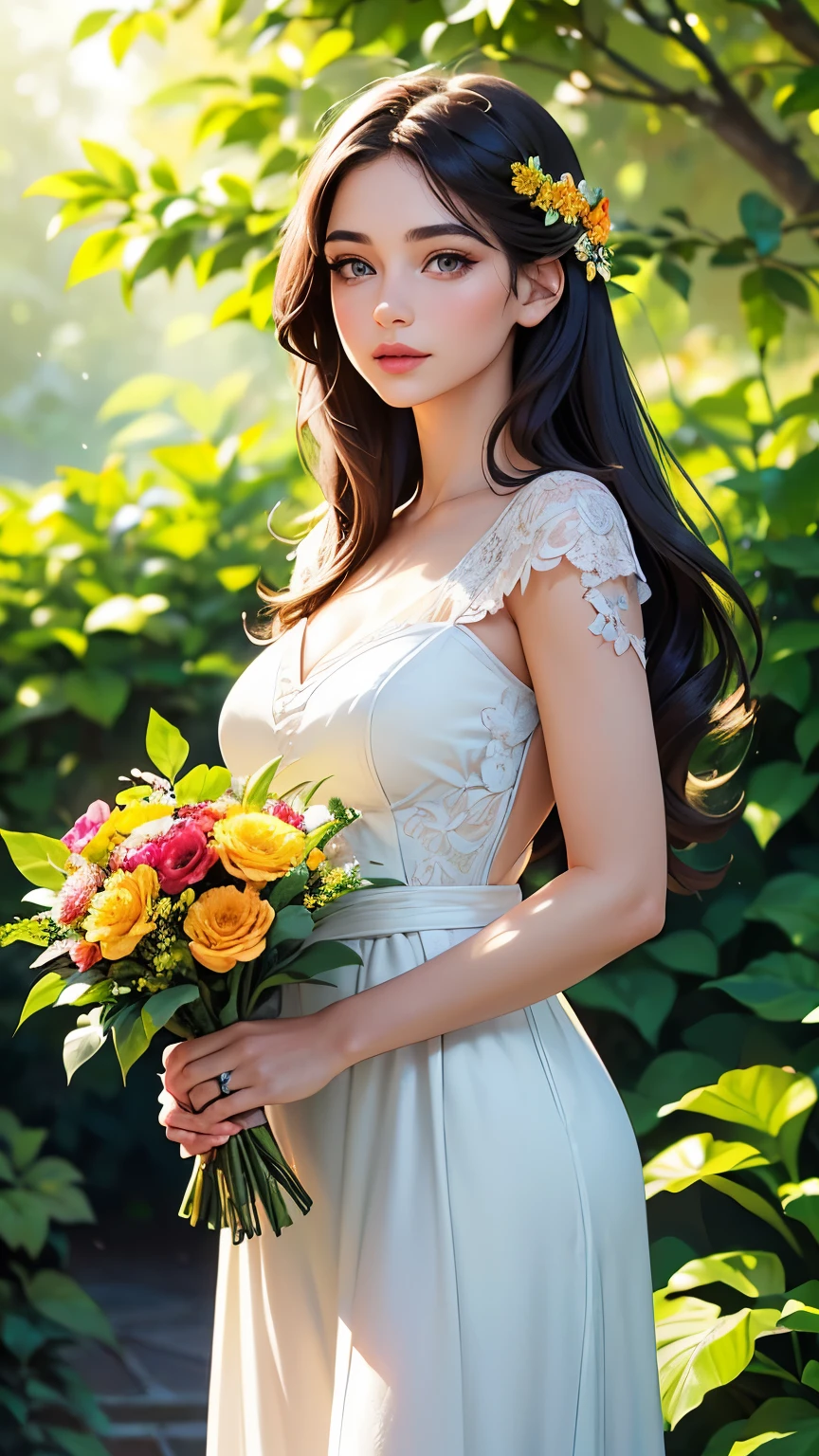 (1girl, beautiful detailed eyes, beautiful detailed lips, extremely detailed face, long eyelashes, elegant beautiful woman, standing in a lush garden, holding a bouquet of colorful flowers, natural lighting, photorealistic, cinematic composition, vibrant colors, warm sunlight, intricate detailed foliage, award winning digital art