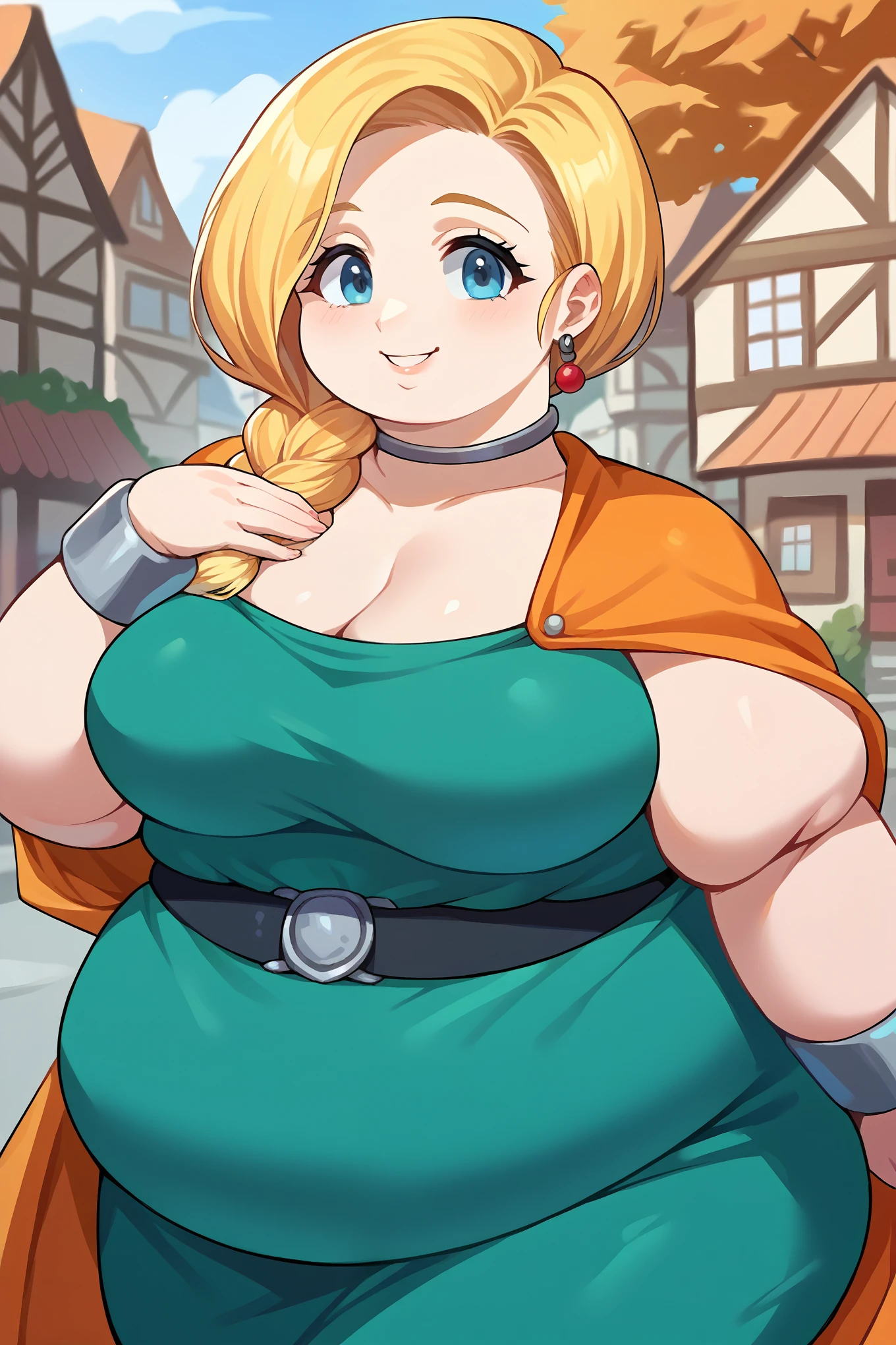 score_9, score_8_up, score_7_up, source_anime BREAK 1girl, solo,  dqBianca, single braid, hair over shoulder, earrings, choker, orange cape, green dress, belt, (large breasts:0.9), happy, looking at viewer, village, autumn, waist up, hand on own chest, fat, chubby, obese 