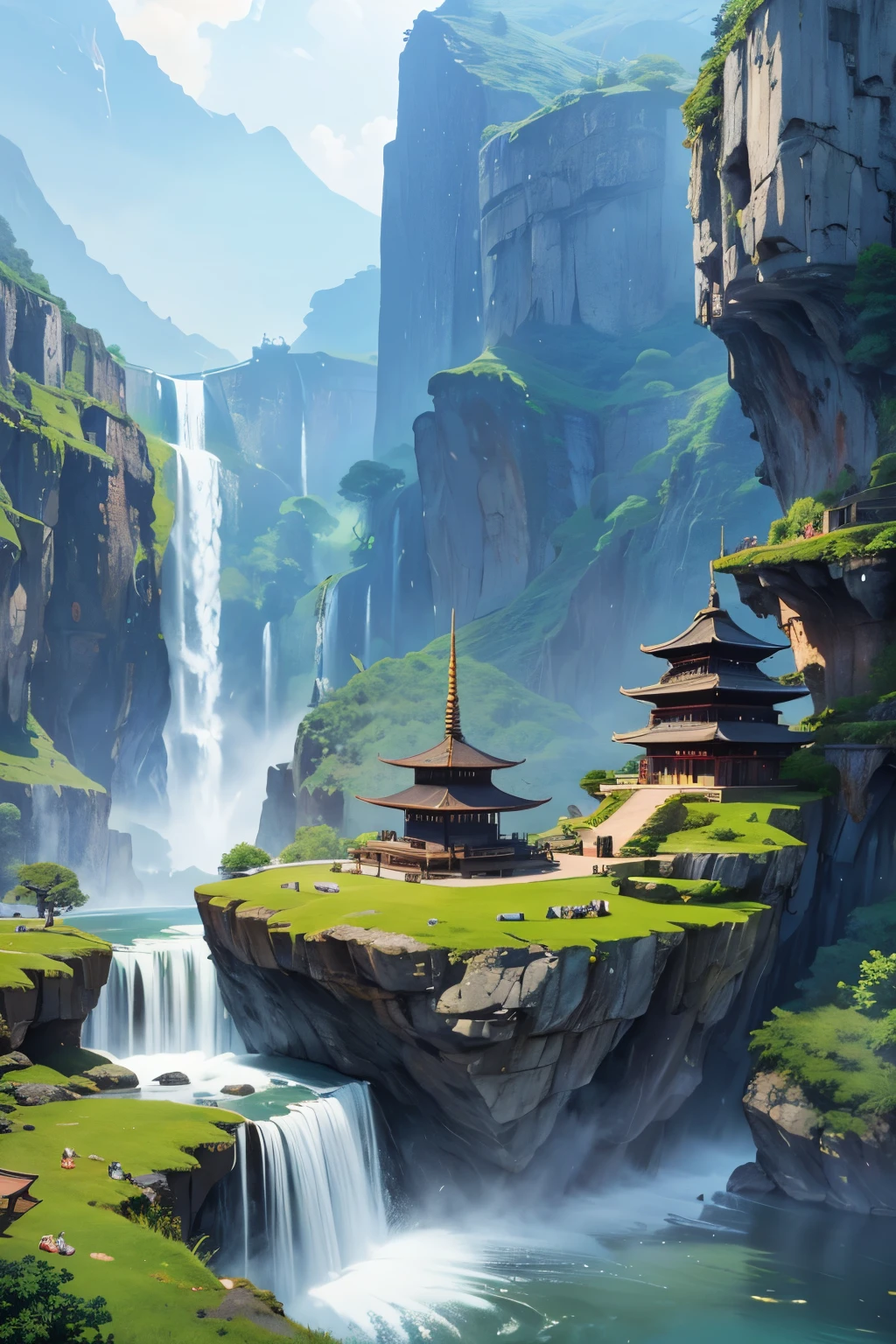 arafed view of a waterfall with a pagoda and a waterfall in the background, fantasy matte painting，cute, scenery artwork, game art matte painting, illustration matte painting, dota! matte painting concept art, dota matte painting concept art, 2. 5 d cgi anime fantasy artwork, dreamy matte painting, fantasy matte painting, avatar landscape, game map matte painting