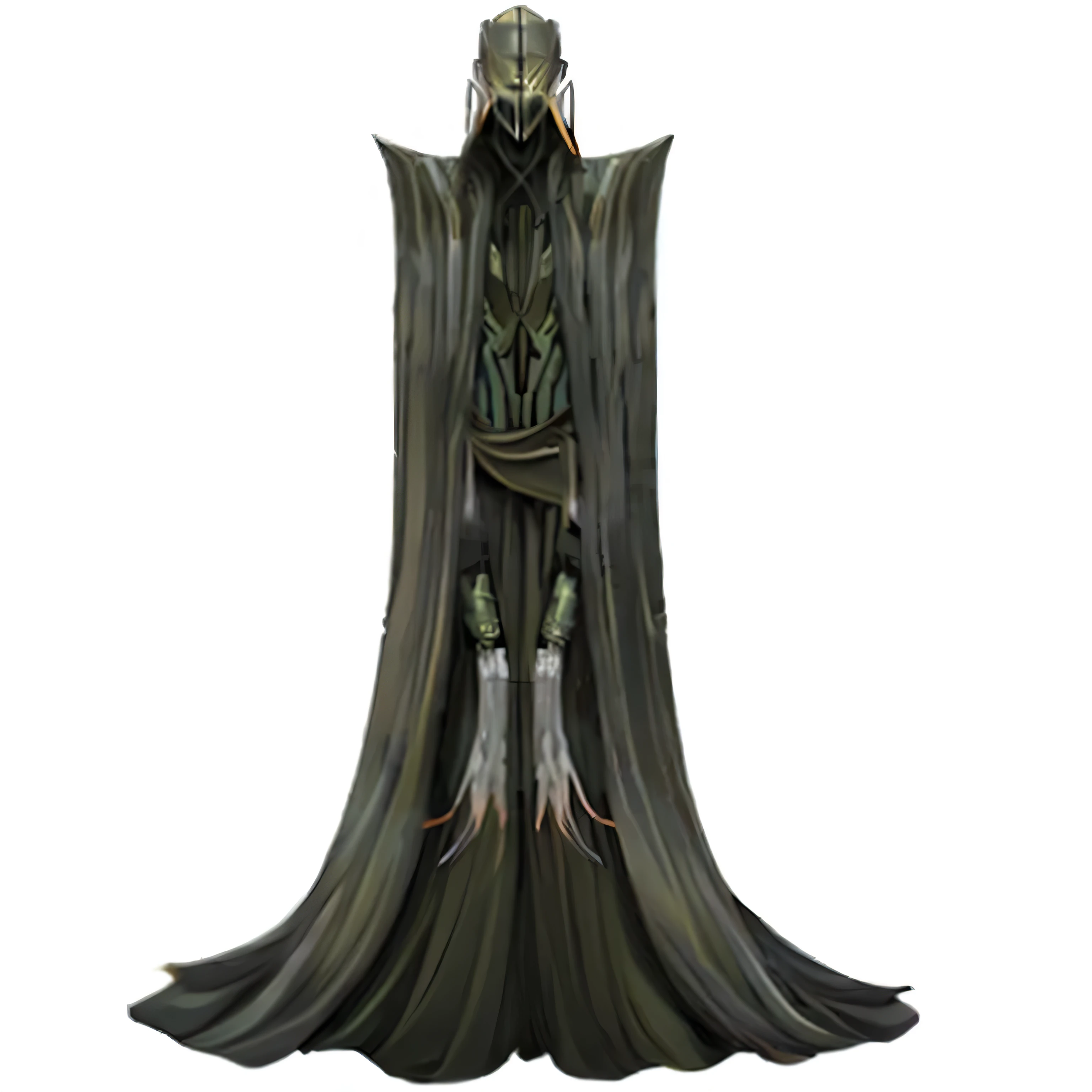 This diabolical alien being is a horror story RPG character., Change his look, adorning it with gold and electronic equipment. He must have a bizarre smile and have long, sharp claws.,and his cloak must have strange letters in gold color, create a different pose for the character, create a monster based on this character