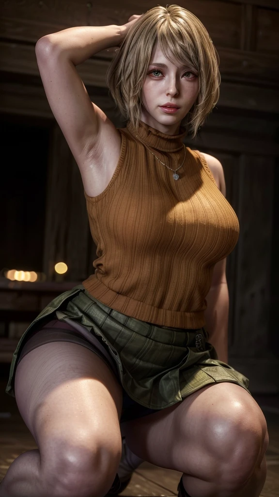 A beautiful woman in a photorealistic portrait, seen from the Armpit, squatting down with her arms raised behind her head, wearing only a black pantyhose, a sleeveless sweater, and a green mini skirt, her healthy thick thighs visible, sweat on her armpits, detailed wrinkles in her armpits, (best quality,8k,highres,masterpiece:1.2),ultra-detailed,(realistic,photorealistic,photo-realistic:1.37),HDR,studio lighting,extreme detail description,professional,vivid colors,bokeh,portrait,fashion,sexy,detailed face,beautiful detailed eyes,beautiful detailed lips,extremely detailed eyes and face,long eyelashes,realistic skin texture,Armpit