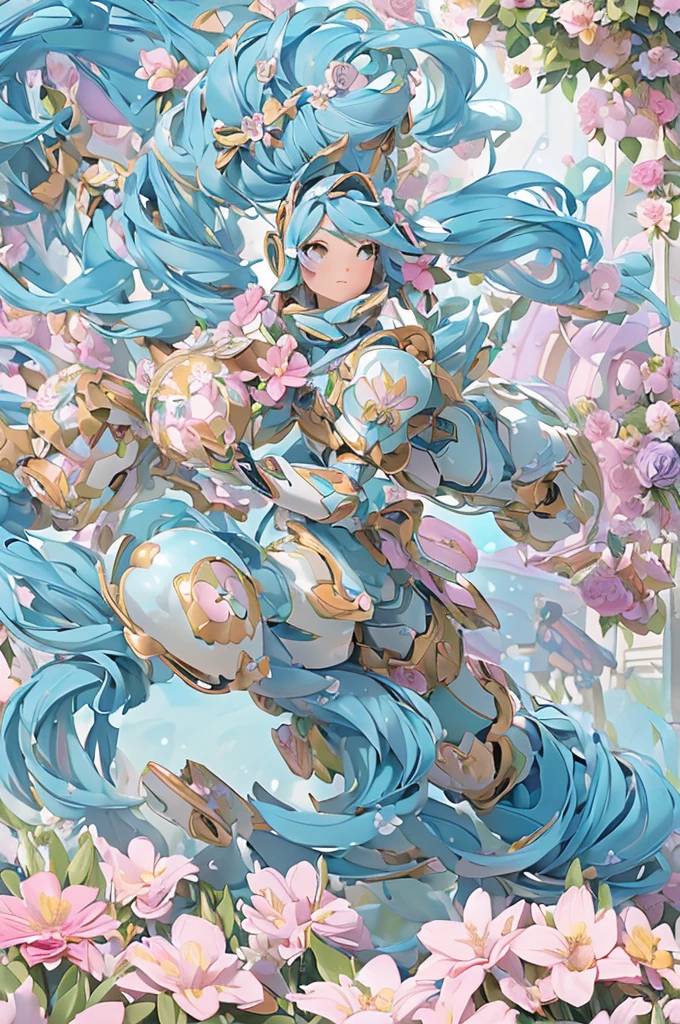 (masterpiece、Best Quality、super high quality、Beautiful and beautiful:1.2)、(Super cute girl 3DMM robot、Flowery hair)、Laminated Sleeveless Armor、(theme:Fluffy Fantasy)、Pop pastel colors、Warm atmosphere、(Running surrounded by flowers:1.4)、Side light、8k、wallpaper