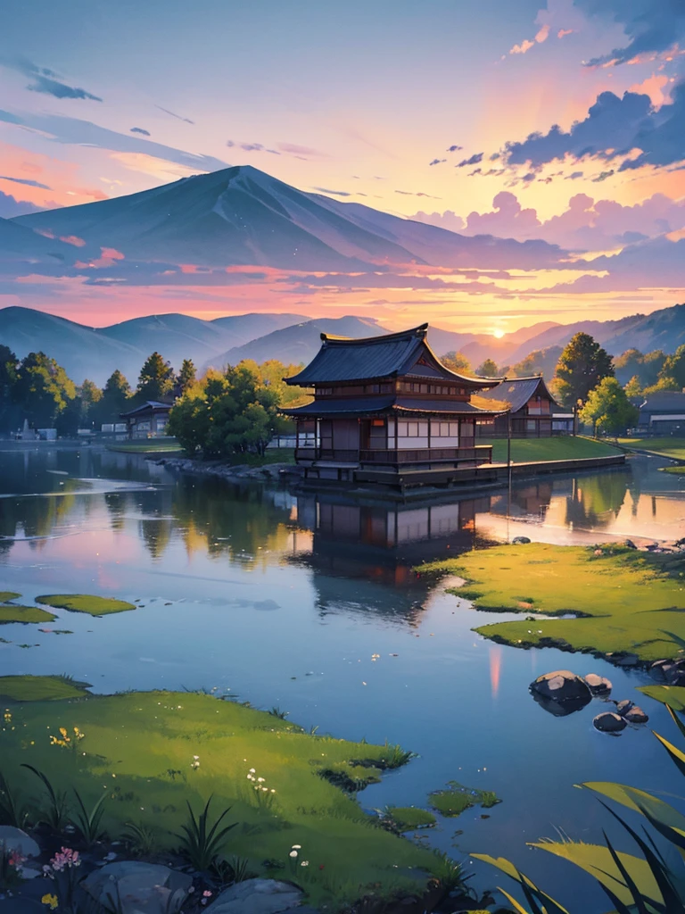 An 8K anime wallpaper featuring a serene and atmospheric landscape, inspired by the gentle and nostalgic style of Keiichi Hara. The scene portrays a peaceful rural countryside during golden hour, with soft, warm lighting casting long shadows over rolling hills and traditional Japanese houses. The characters in the foreground are expressive and detailed, with a sense of subtle emotion and introspection, typical of Keiichi Hara's work. The sky is painted with pastel colors, blending into soft clouds that reflect the light of the setting sun. The overall mood is tranquil and reflective, with a harmonious balance between nature and the human elements. In the style of digital illustration, with smooth linework, vibrant colors, and intricate details, capturing the beauty and simplicity of everyday life. 8K ultra-high definition resolution, perfect for a wallpaper.