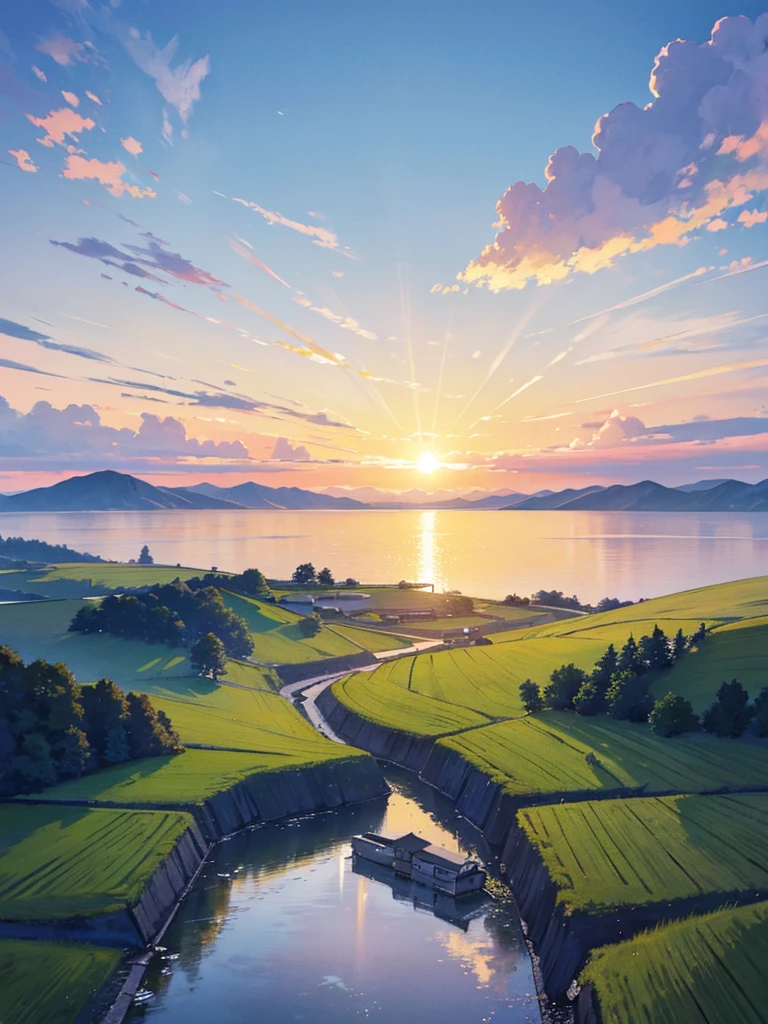 An 8K anime wallpaper featuring a serene and atmospheric landscape, inspired by the gentle and nostalgic style of Keiichi Hara. The scene portrays a peaceful rural countryside during golden hour, with soft, warm lighting casting long shadows over rolling hills and traditional Japanese houses. The characters in the foreground are expressive and detailed, with a sense of subtle emotion and introspection, typical of Keiichi Hara's work. The sky is painted with pastel colors, blending into soft clouds that reflect the light of the setting sun. The overall mood is tranquil and reflective, with a harmonious balance between nature and the human elements. In the style of digital illustration, with smooth linework, vibrant colors, and intricate details, capturing the beauty and simplicity of everyday life. 8K ultra-high definition resolution, perfect for a wallpaper.