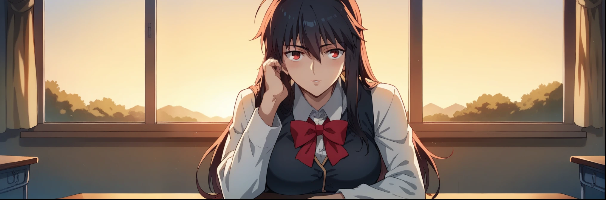 Score_9, Score_8_up, Score_7_up, ASCII masterpiece, source_anime, BREAK, 1girl, solo, artoriapendragon, artoriapendragon, artoria pendragon \(destiny\), know, black hair, red hair, multi-colored hair, long hair, side locks, bangs, loose hair, red eyes, bangs, hair between the eyes, ahoge, curves, medium breasts, smile, dentures in the skin, lips, pursed lips, school uniform, beige open jacket, black skirt, white collared shirt, black vest, red bow tie,
sitting at desk, legs crossed, expressionless, lips parted, head tilted, looking at viewer, blushing,
classroom, afternoon, sunset,
(Beautiful, medium breasts: 1.2), natural breasts,