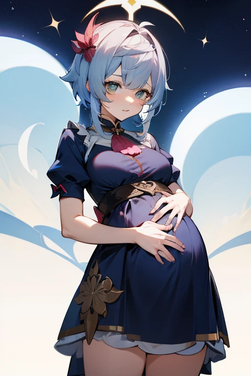 Yelundev,The upper part of the body,ssmile,Be red in the face,exteriors,In the daytime,simple backgound,blue-sky,short detailed hair,Skysky,Temple,looking at viewert,stairways,mont,Moody light,face to the viewer,Pop out the breast and open the placket,pregnant belly,Pregnant belly