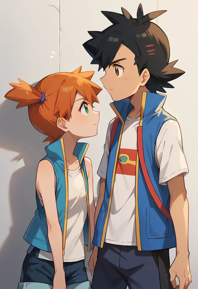 1boy, black hair, brown eyes, hat, baseball cap, shirt, white shirt, t-shirt, jacket, sleeveless jacket, shorts, blue shorts

1girl, misty pokemon, orange hair, side ponytail, green eyes, white crop top, sleeveless, blue womens shorts

photograph of a couple, they're looking at each other 