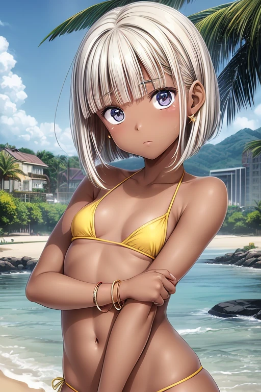 desert, bright sun, exhausted, dark skin, blonde hair, ripped clothes , naked , cum on face , Bukkake pose , creampie
