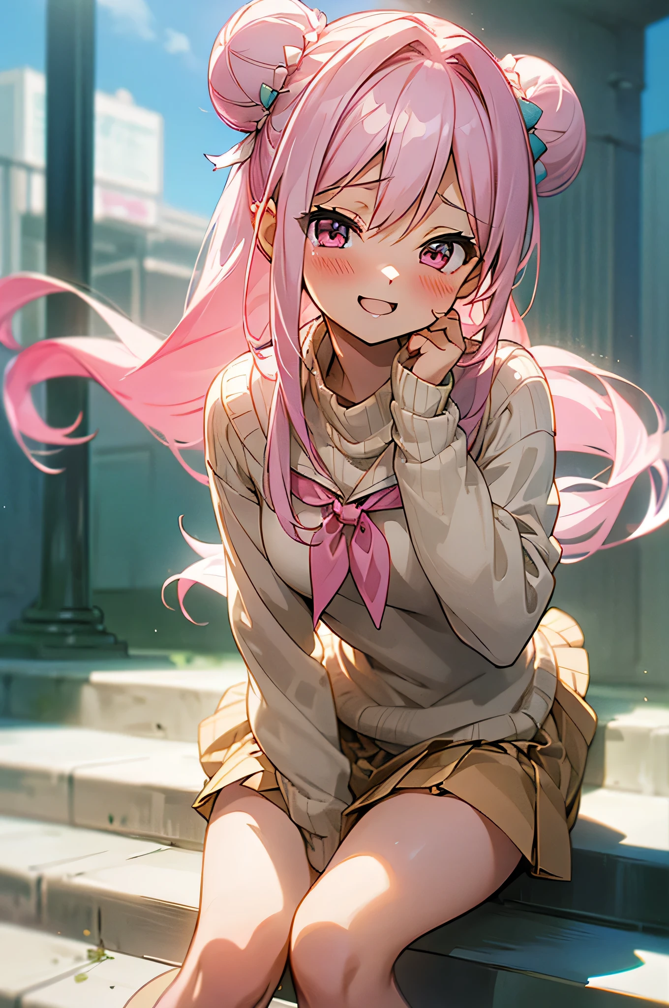 ((masterpiece)), (anime:1.5), ((Best Quality)), (RAW Photos:1.2), (High resolution:1.3), (Professional photography:1.2), (Chromatic Aberration), One girl, (()), Small breasts, Cute girls, (Forefoot Pose), (Speaking Heart), (((White hair ribbon:0.4))), Pink Eyes,(((White bun hair))),(((Pink long hair))), Aqua Eye, (School uniform:1.2), (Wear a beige knitted sweater over a white shirt:1.3), (Checkered Pleated Skirt:1.3), Open your mouth, wind, そよwind, Cute hair accessories, (Blushing and cute smile), ((Sitting on the steps of a building)), Outdoor idyllic atmosphere,