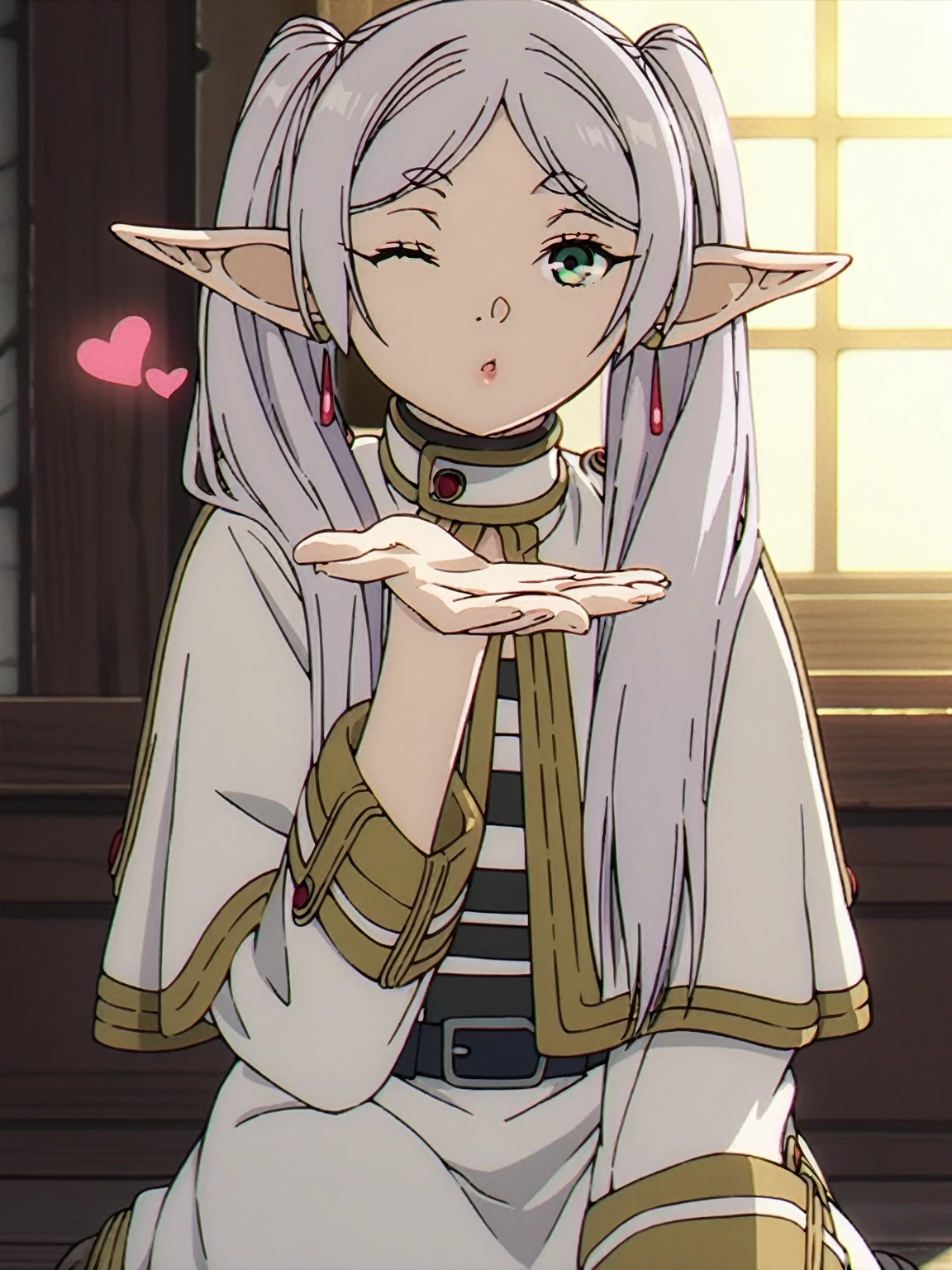 1girl, sfrieren, solo, elf, pointy ears, silver hair, white hair, green eyes,  ,, BREAK
robe, black pantyhose, brown boots, belt, capelet,,, BREAK
blowing kiss, k1ss3s, looking at viewer, heart, one eye closed, kiss viewer
,  , BREAK
score_9, score_8_up, score_7_up, score_6_up, anime,
(high quality, detailed, beautiful), shiny, detailed beautiful eyes, outstanding, countershading, detailed soft lighting