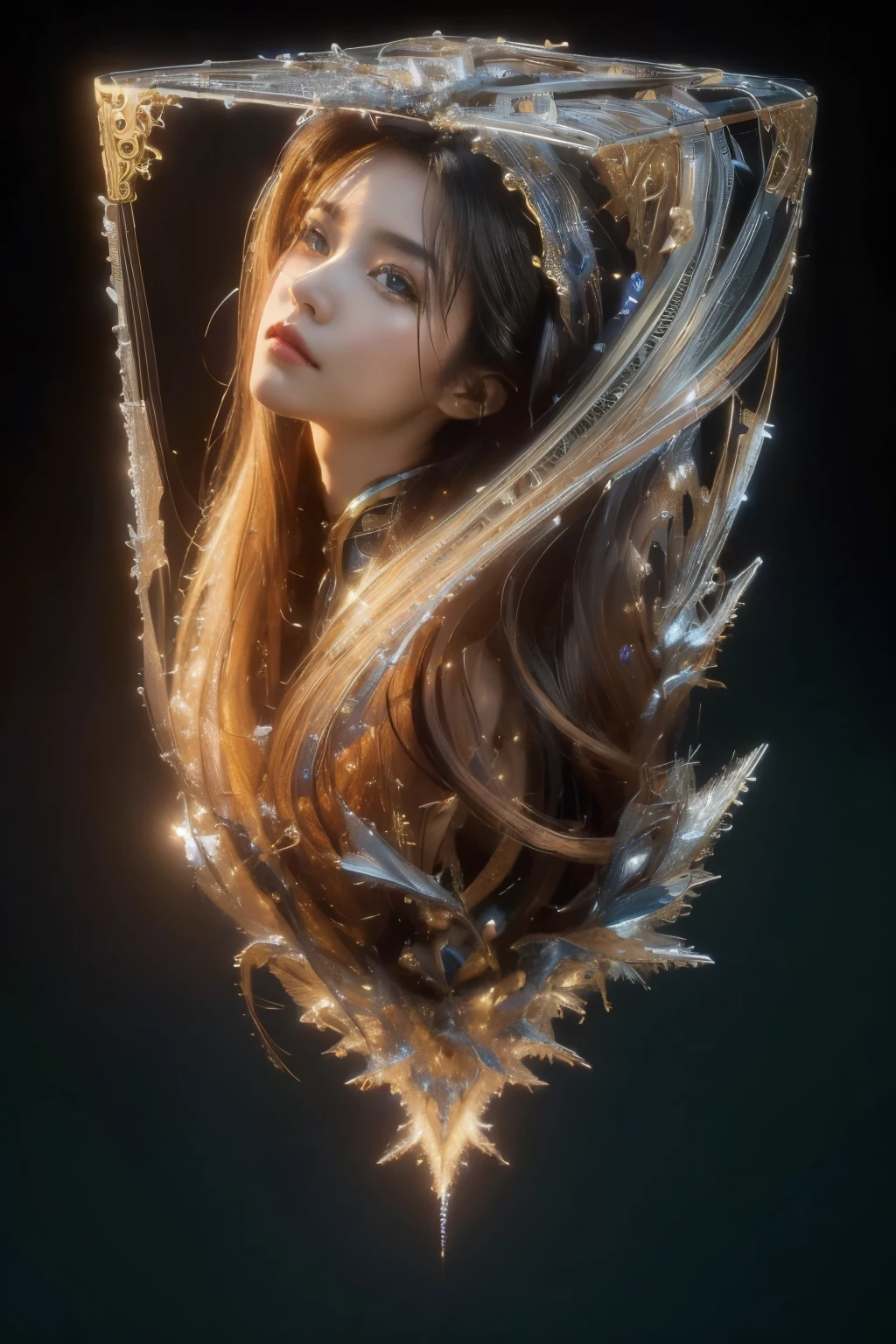 (masterpiece, Best Quality, Best Quality, Official Art, Beautiful and aesthetic:1.2), (One girl), (Fractal Art:1.2),Absurd, High resolution, Super detailed, Ultra-precise depiction, Alone, (Tangled:1.2), Floating Hair, Shiny skin, (Abstract:1.2), pantyhose,View your viewers, Cyberpunk Robot, Complex robot, halo,