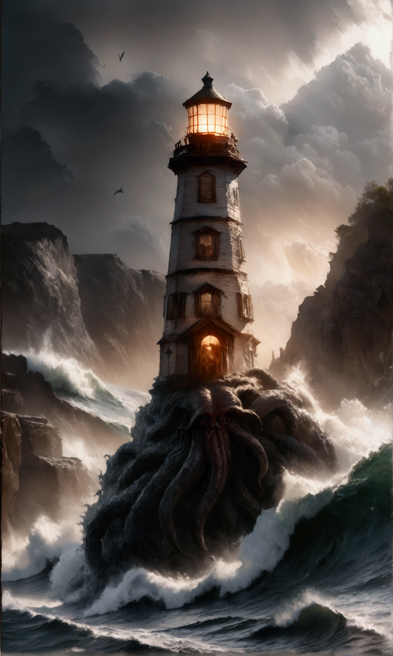 A light house, 1900s English style architecture, light blazing in a raging storm, rocky small island, waves batter the lower portion, enormous eldritch horror Cthulhu arises nearby, chulu is lit/outlined by lightning flashes, (best quality,4k,8k,highres,masterpiece:1.2),ultra-detailed,(realistic,photorealistic,photo-realistic:1.37),dramatic lighting,cinematic,moody atmosphere,dramatic clouds,turbulent ocean,stormy sea,crashing waves,rocky cliffs,gothic architecture,gothic style,neo-gothic style,dark fantasy,dark horror