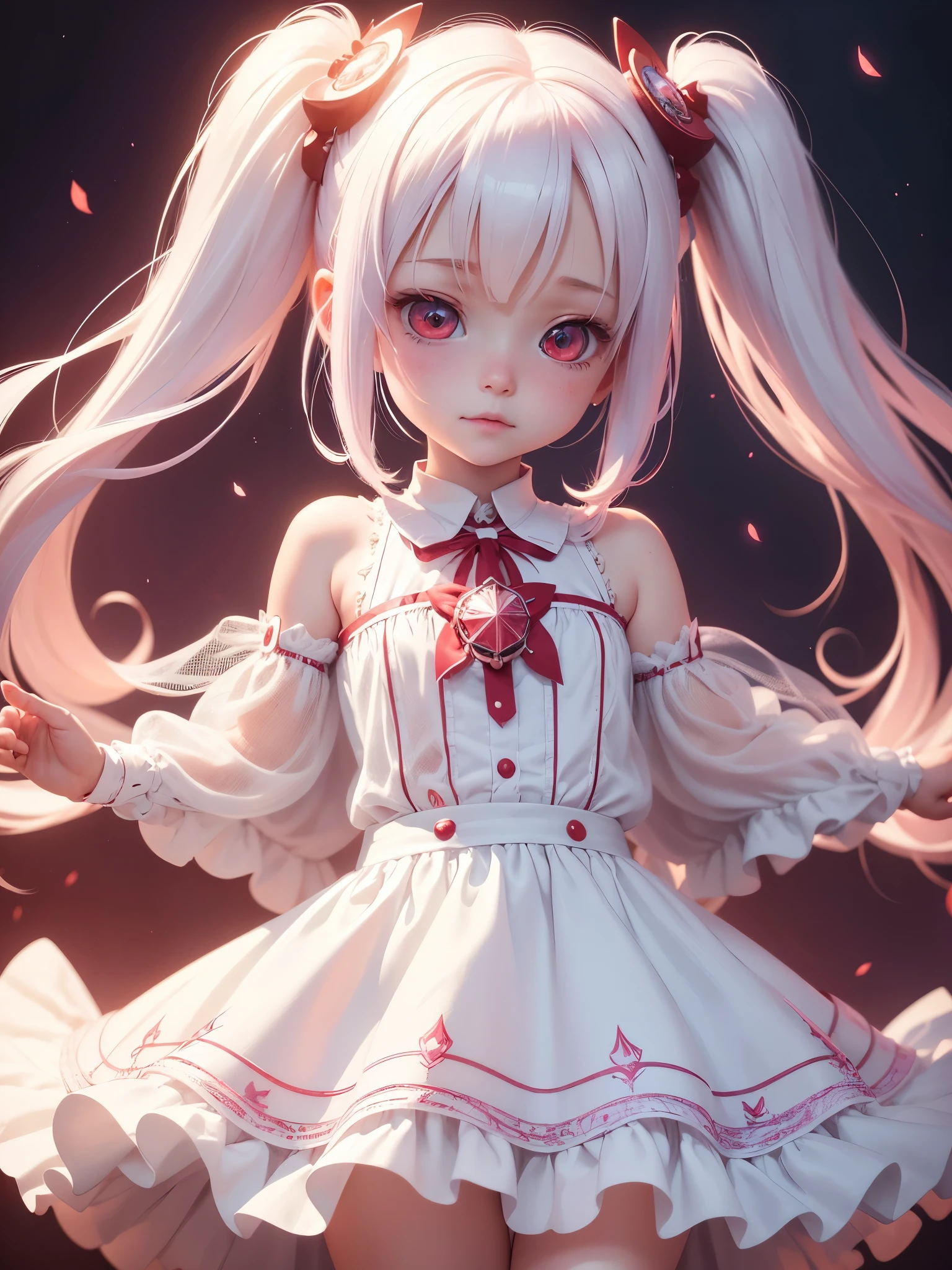 beautiful illustration, best quality, cute petit girl, (transform sequence), transform magical girl, chibi, white magical girl, fractal art, albino, babyface, long pure white and red mesh hair, beautiful detailed red eyes, cinematic lighting, cowboy shot, looking at viewer, from bottom, happy