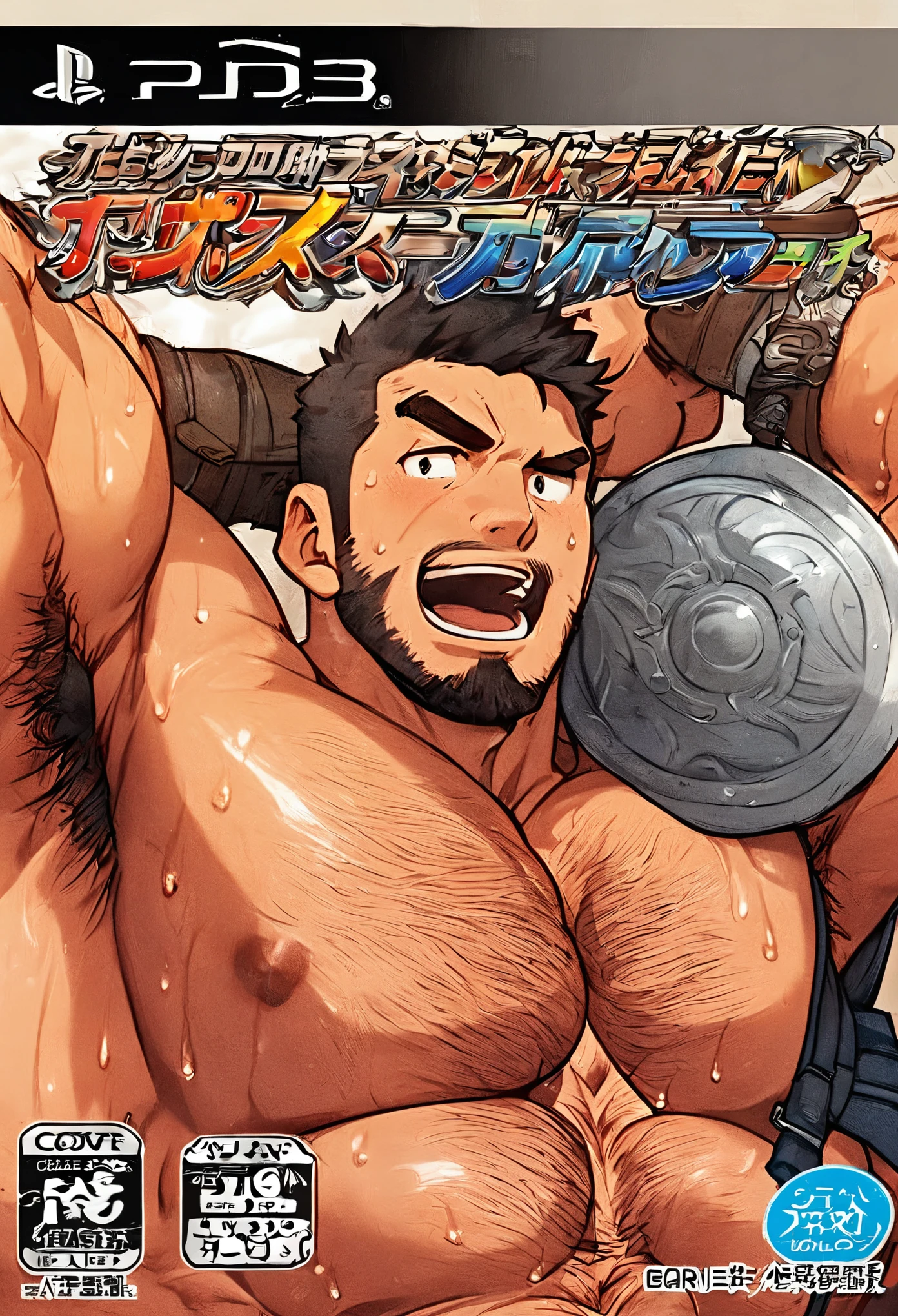 masterpiece, best quality, Japanese, big breasts, muscular, gay game cover, topless, Armpit hair, chest hair, pubic hair, sweat, heat, Armpit hair, adventure game, hero, sword, shield