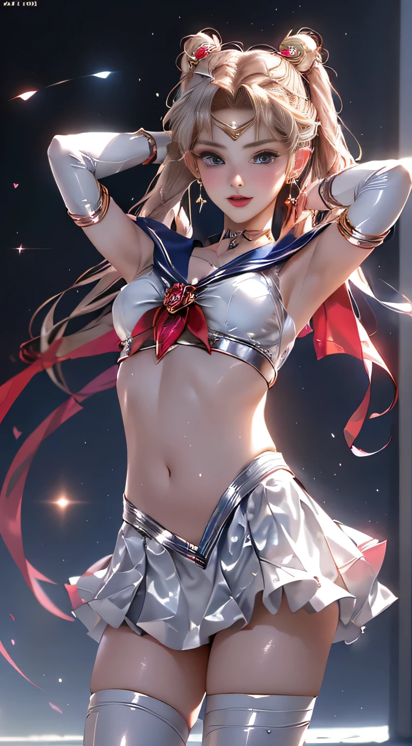 masterpiece, full: 1.3, Stand, 8k, 3d, Realistic, Ultra-microphotography, Best quality, Extreme Details CG Unity 8k Wallpapers, From below, Intricate details, (nsfw:1.2),(1 female), 28 years old, (beautiful girl,Sailor moon,Land, Sailor Warrior Uniforms Sailor: 1.2, Sailor moon: 1.2), Amazingly long light blonde twin tails, thin and very long straight twin tail blonde, Hair Bun, Round red hair bun, Sailor Warrior Uniforms, Big Breasts, (Silver Blue Color, Blue sailor collar, Silver Blue Pregate Ultra Mini Skirt: 1.3,I can see your pants,Ultra high leg swimsuit,  Big red ribbon on chest,,: 1.3, Long white latex gloves: 1.3, Red gloves on elbows, Very large red ribbon on the back of the waist,: 1.1, The cleavage appears larger:1.2, Gold Tiara, Earrings), (Facial details: 1.5, Bright Blue Eyes, Beautiful Face, Beautiful Eyes, Sparkling eyes, thin lips: 1.5, Thin, sharp, pale eyebrows, Long dark eyelashes, Double eyelashes), Luxurious Golden jewelry, thin, Thin and muscular,,, Small Face, Perfect Proportions, Narrow waist, Sexy model posing, Visible pores, Captivating smile, Perfect hands: 1.5, Ultra-thin, high-gloss silver-white holographic leather, Octane Rendering, A very dramatic picture, Strong natural light, sunlight, Subtle lighting and shadows, Dynamic Angle, Digital SLR, Sharp focus: 1.0, Maximum clarity and sharpness, (Space Background,moon, Dynamic Background, Detailed Background),(rabbit, Double Bang, Twin tails, Parted bangs, Circlet, jewelry, Earrings, Choker, Red ribbon, White gloves, Elbow Groove, Blue Skirt
),nffsw