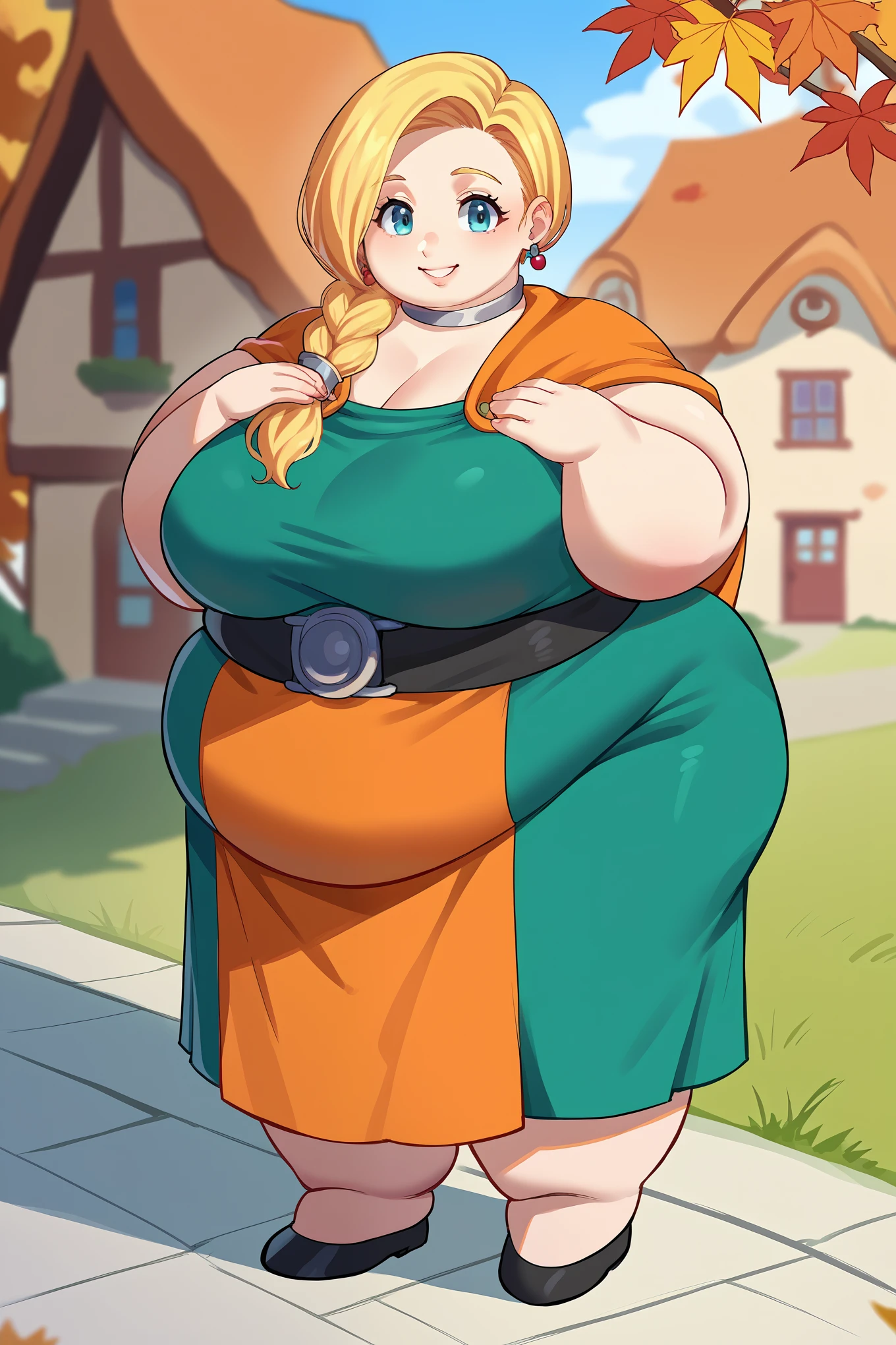 score_9, score_8_up, score_7_up, source_anime BREAK 1girl, solo,  dqBianca, single braid, hair over shoulder, earrings, choker, orange cape, green dress, belt, (large breasts:0.9), happy, looking at viewer, village house, autumn, waist up, hand on own chest, fat, chubby, obese, full body shot 