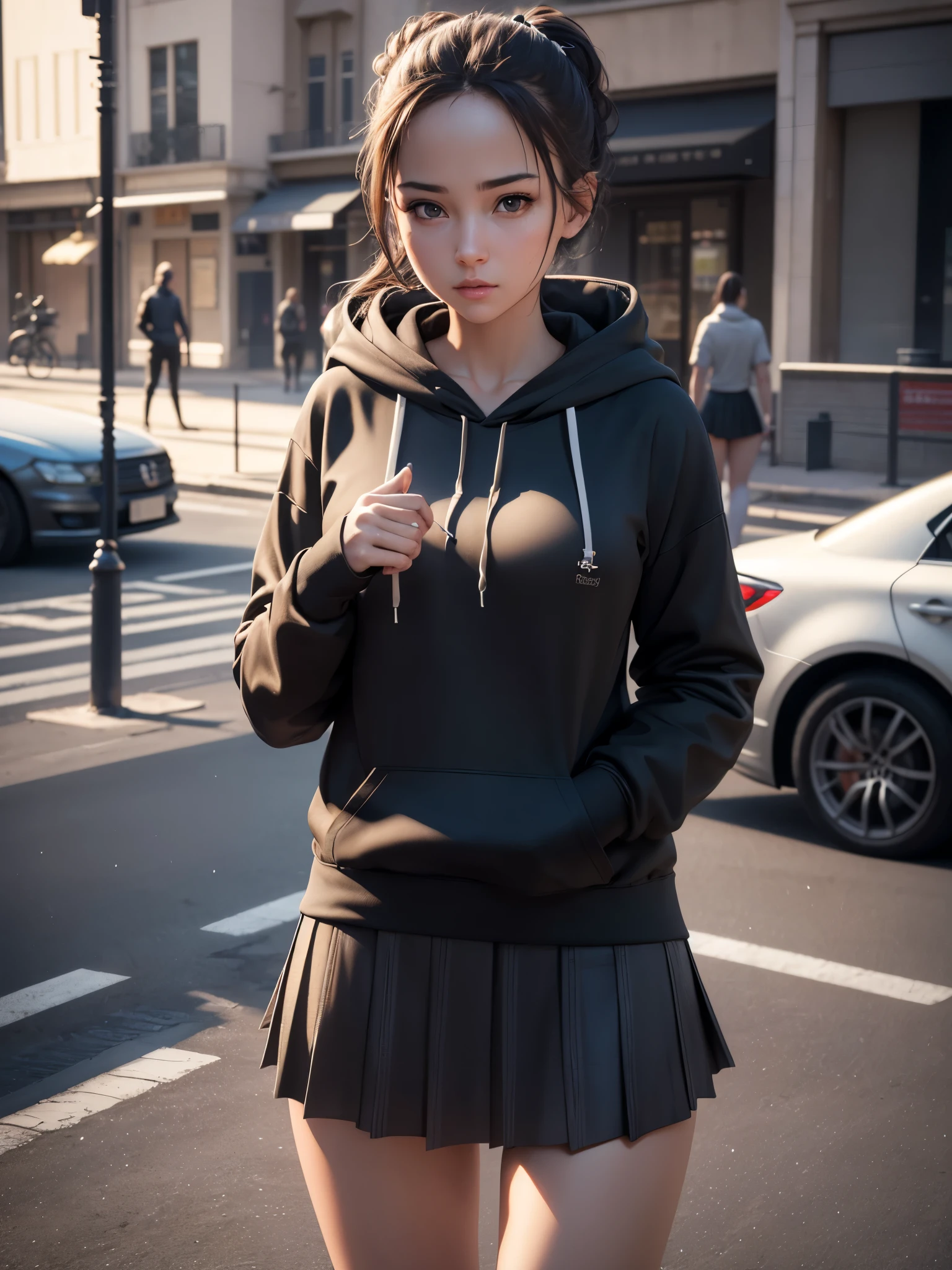 realistic, realism, photorealism, photo-realistic, high contrast, (photorealistic:1.4), (perfect female figure), 8k high definition detailed realistic, (best quality, masterpiece:1.2),  photon mapping, radiosity, physically-based rendering, best quality, highly detailed, 1girl, outdoors, street, hoodie, tie, shirt, skirt