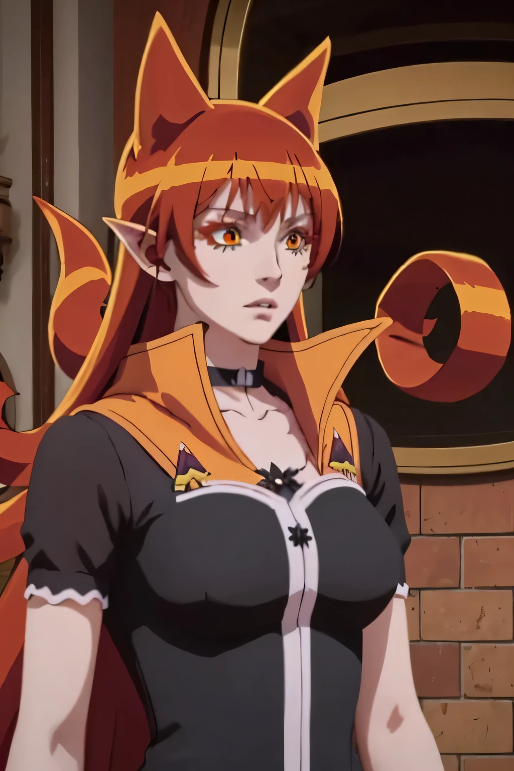 1 niña,Azazel,red hair, very long hair, curly hair, orange eyes, pointy ears, animal ears