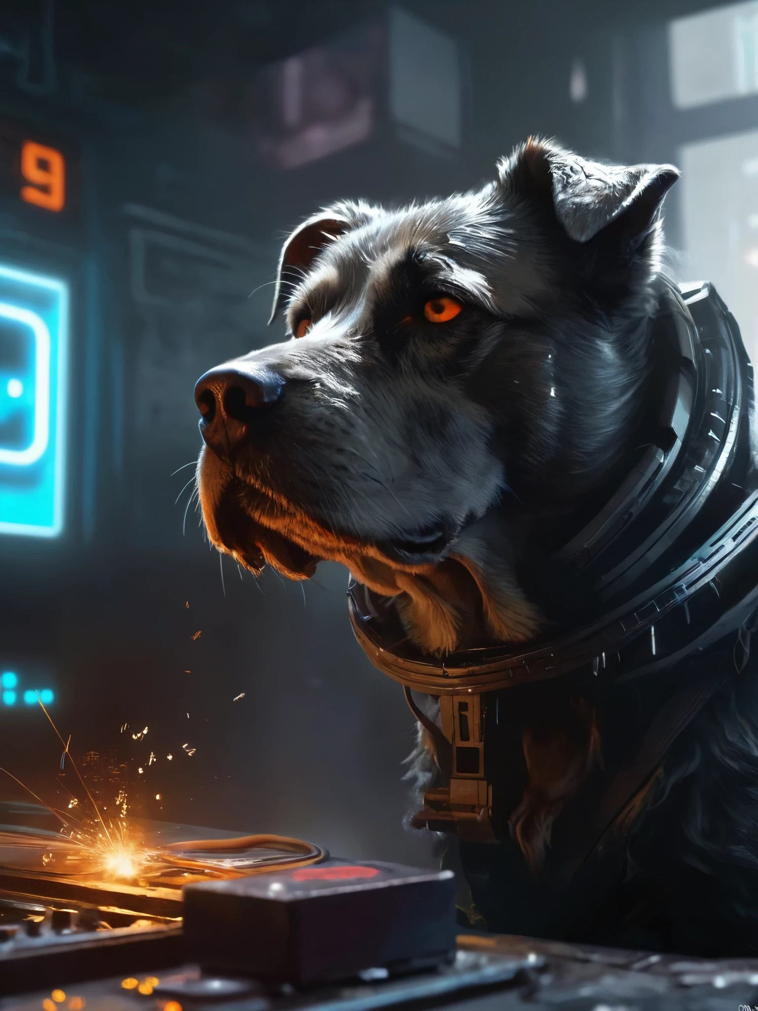 psy dog, sharp focus, emitting diodes, smoke, artillery, sparks, racks, system unit, motherboard, by pascal blanche rutkowski repin artstation hyperrealism painting concept art of detailed character design matte painting, 4 k resolution blade runner 