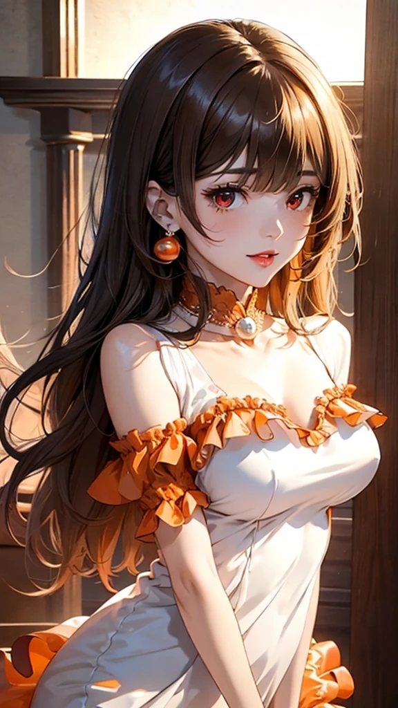 A masterpiece of the highest order, ultra high precision, ultra high image quality, 8K quality, realistic anime style, a woman, a perfect woman with the best anatomical and ergonomic face and body, a well-proportioned face and body, ((Short Light Brown hair)), blunt bangs, a slim face, ((narrow red eyes)), deep glossy and shining eyes, eyes with highlights, very long eyelashes, thin red lips, a tall and slender body, very large breasts, a tight waist, large hips, white skin, moist and lustrous skin, ((Gorgeous Shiny orange pearl colored ruffle dress)), ((royal style dress)), a large pearl necklace, large earrings, thick bangs, a beautiful smile, a mysterious atmosphere, a great presence, upper body
