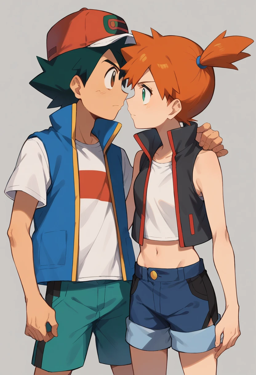 1boy, ash ketchum, black hair, brown eyes, hat, baseball cap, shirt, white shirt, t-shirt, jacket, sleeveless jacket, shorts, blue shorts

1girl, misty pokemon, orange hair, side ponytail, green eyes, white crop top, belly button, sleeveless, blue jeans shorts

photograph of a couple, they're looking at each other 