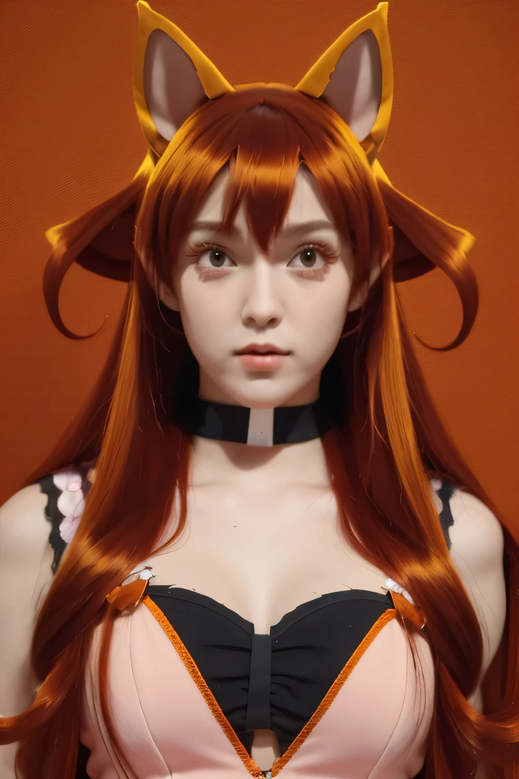 1 niña,Azazel,red hair, very long hair, curly hair, orange eyes, pointy ears, animal ears