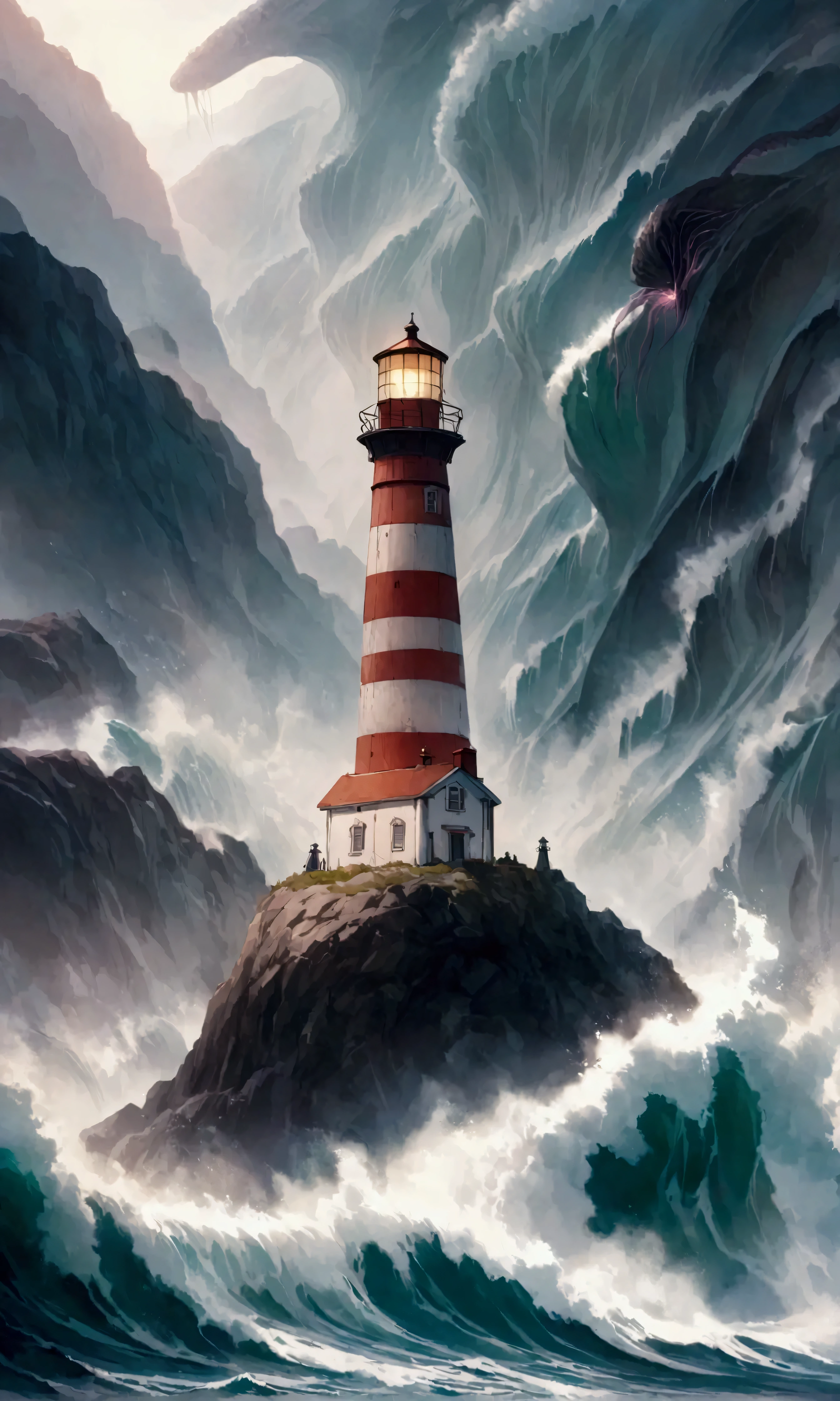 A light house, 1900s English style with its light blazing in a raging storm, built on a rocky small island, waves batter the lower portion, enormous eldritch horror cthulu arises nearby